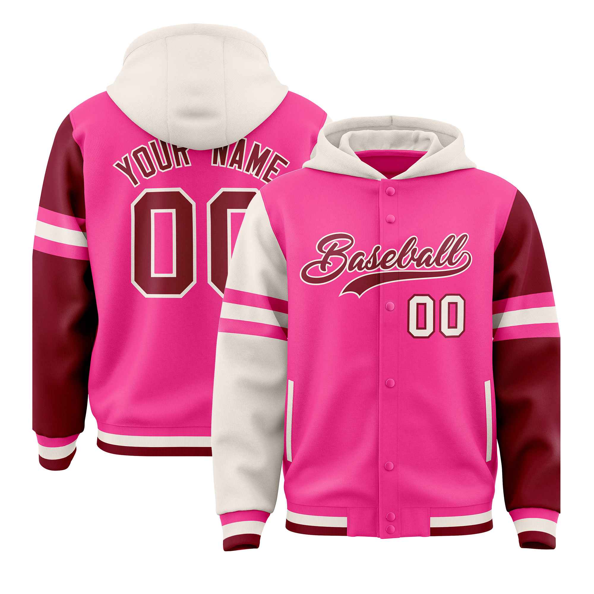 Custom Pink Cream-Crimson Raglan Sleeves Varsity Full-Snap Letterman Three Stripes Jacket Hoodie| KXKSHOP