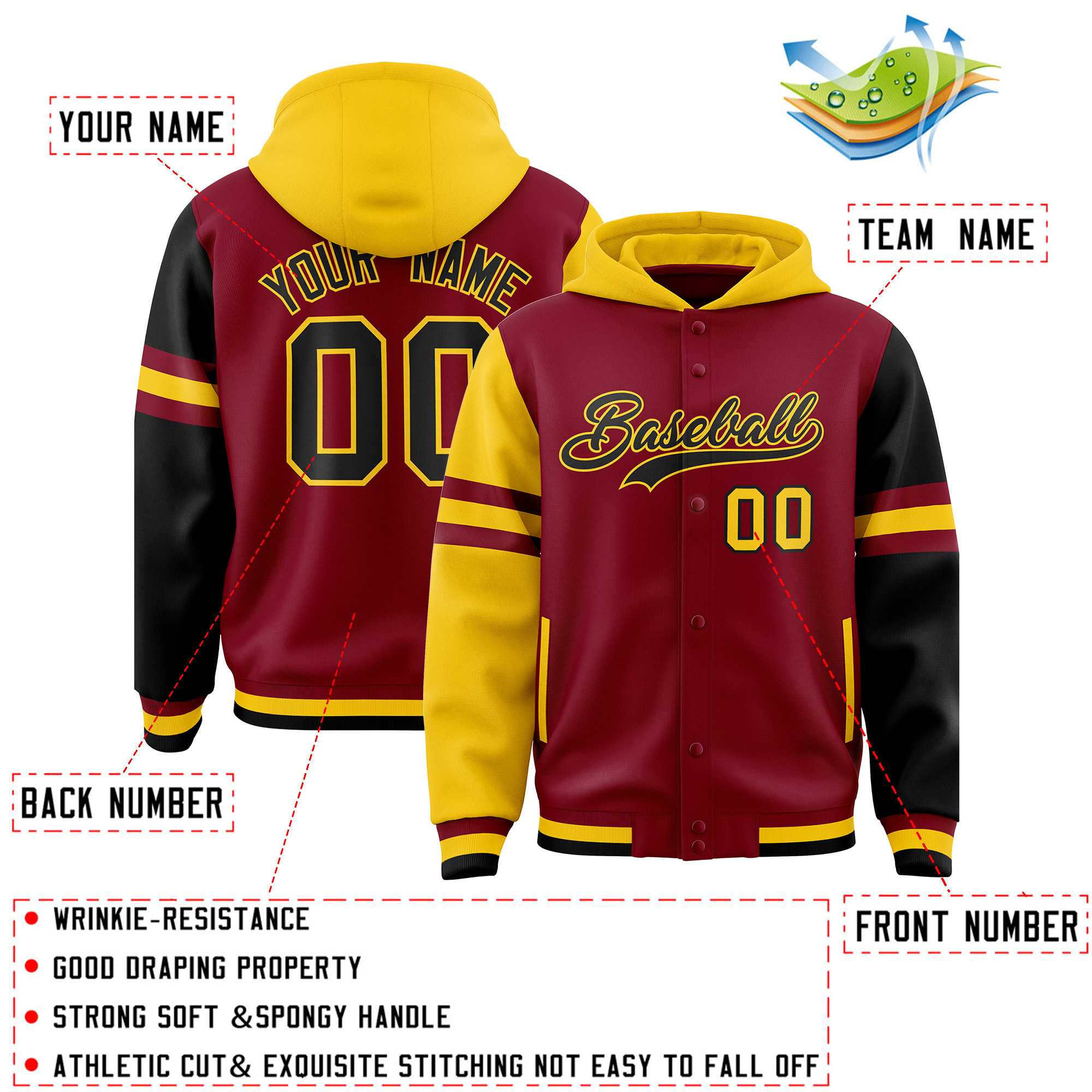 Custom Crimson Gold-Black Raglan Sleeves Varsity Full-Snap Letterman Three Stripes Jacket Hoodie| KXKSHOP
