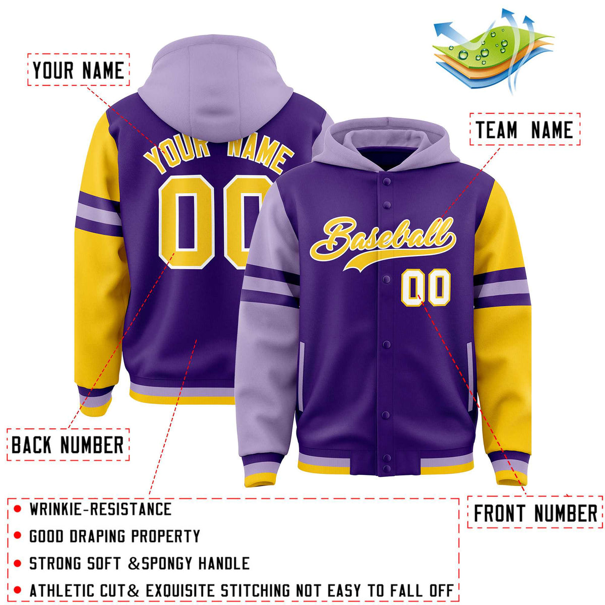 Custom Purple Light Purple-Gold Raglan Sleeves Varsity Full-Snap Letterman Three Stripes Jacket Hoodie| KXKSHOP
