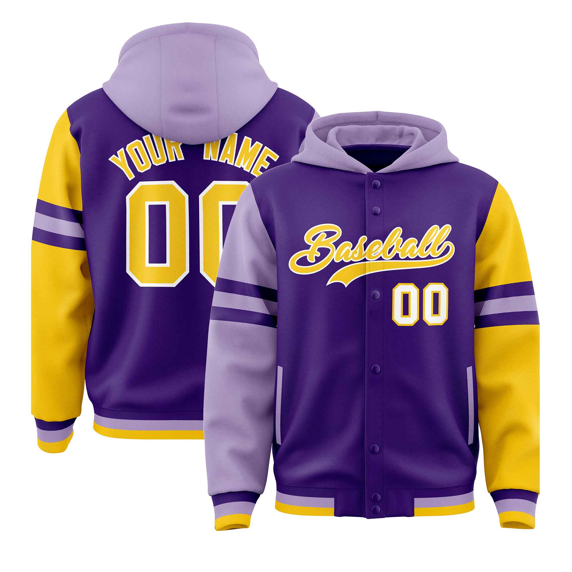 Custom Purple Light Purple-Gold Raglan Sleeves Varsity Full-Snap Letterman Three Stripes Jacket Hoodie| KXKSHOP