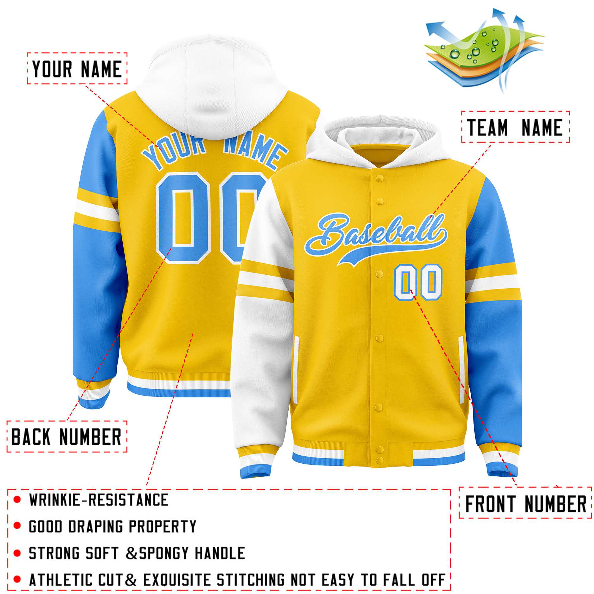 Custom Gold White-Powder Blue Raglan Sleeves Varsity Full-Snap Letterman Three Stripes Jacket Hoodie| KXKSHOP
