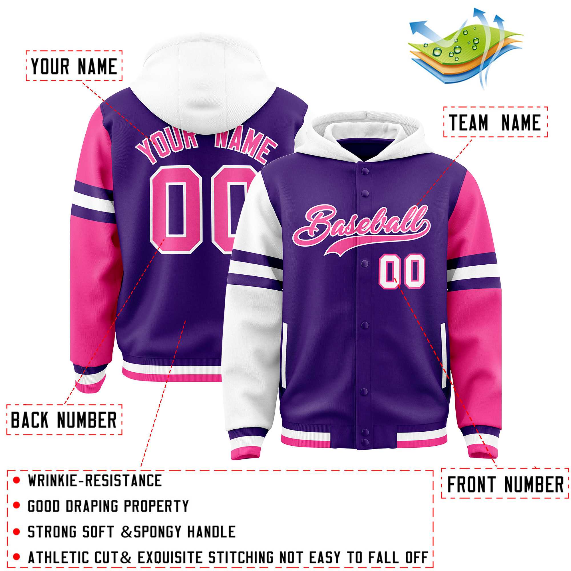 Custom Purple White-Pink Raglan Sleeves Varsity Full-Snap Letterman Three Stripes Jacket Hoodie| KXKSHOP