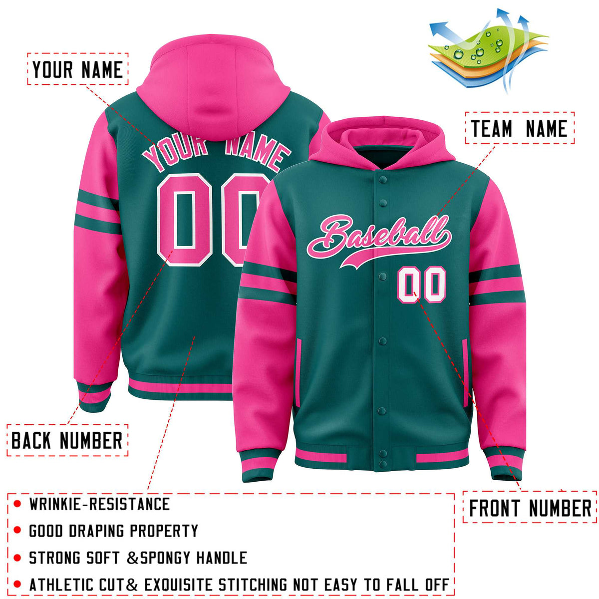 Custom Aqua Pink Raglan Sleeves Varsity Full-Snap Letterman Three Stripes Jacket Hoodie| KXKSHOP