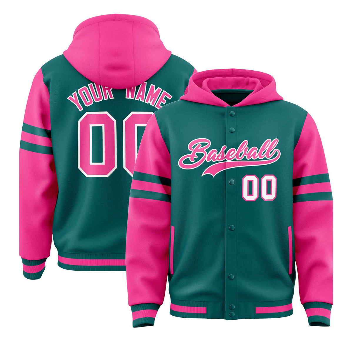 Custom Aqua Pink Raglan Sleeves Varsity Full-Snap Letterman Three Stripes Jacket Hoodie| KXKSHOP