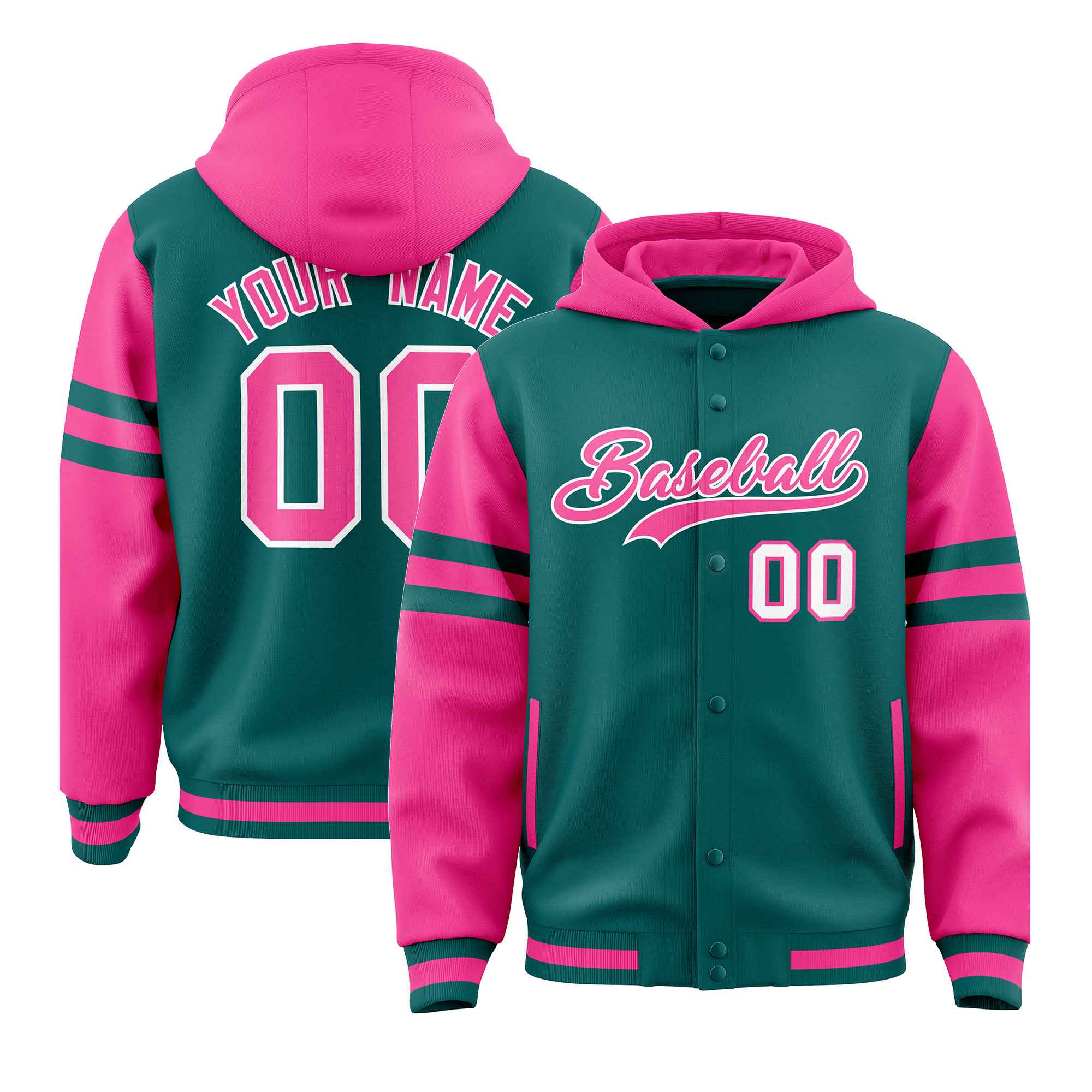 Custom Aqua Pink Raglan Sleeves Varsity Full-Snap Letterman Three Stripes Jacket Hoodie| KXKSHOP