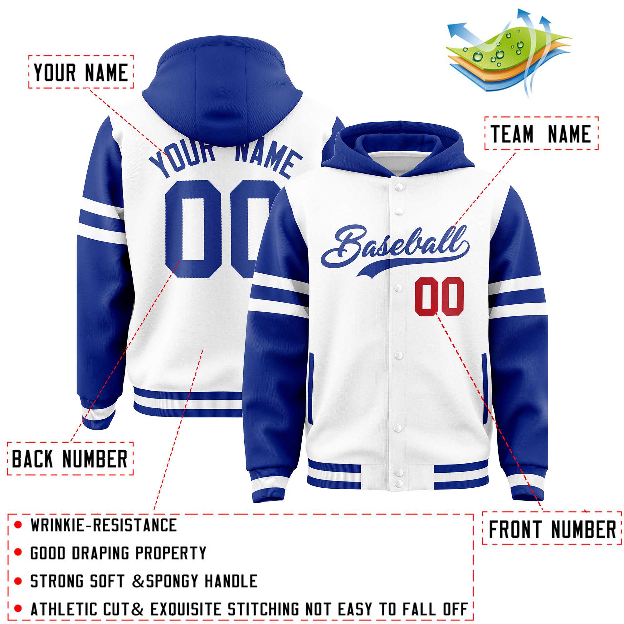 Custom White Royal Raglan Sleeves Varsity Full-Snap Letterman Three Stripes Jacket Hoodie| KXKSHOP