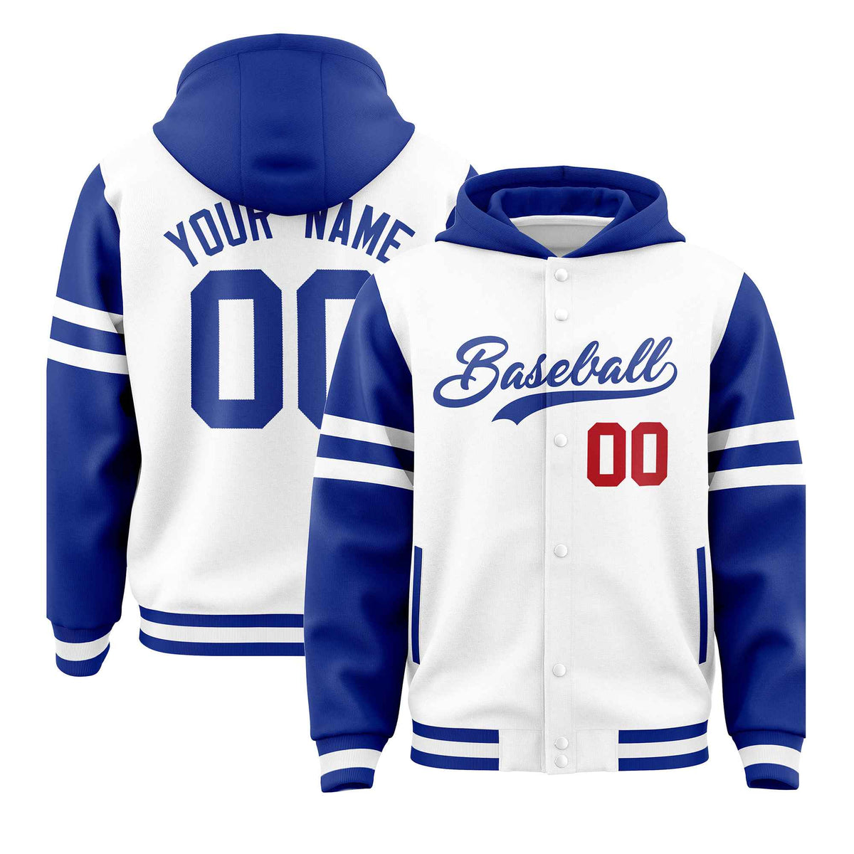 Custom White Royal Raglan Sleeves Varsity Full-Snap Letterman Three Stripes Jacket Hoodie| KXKSHOP