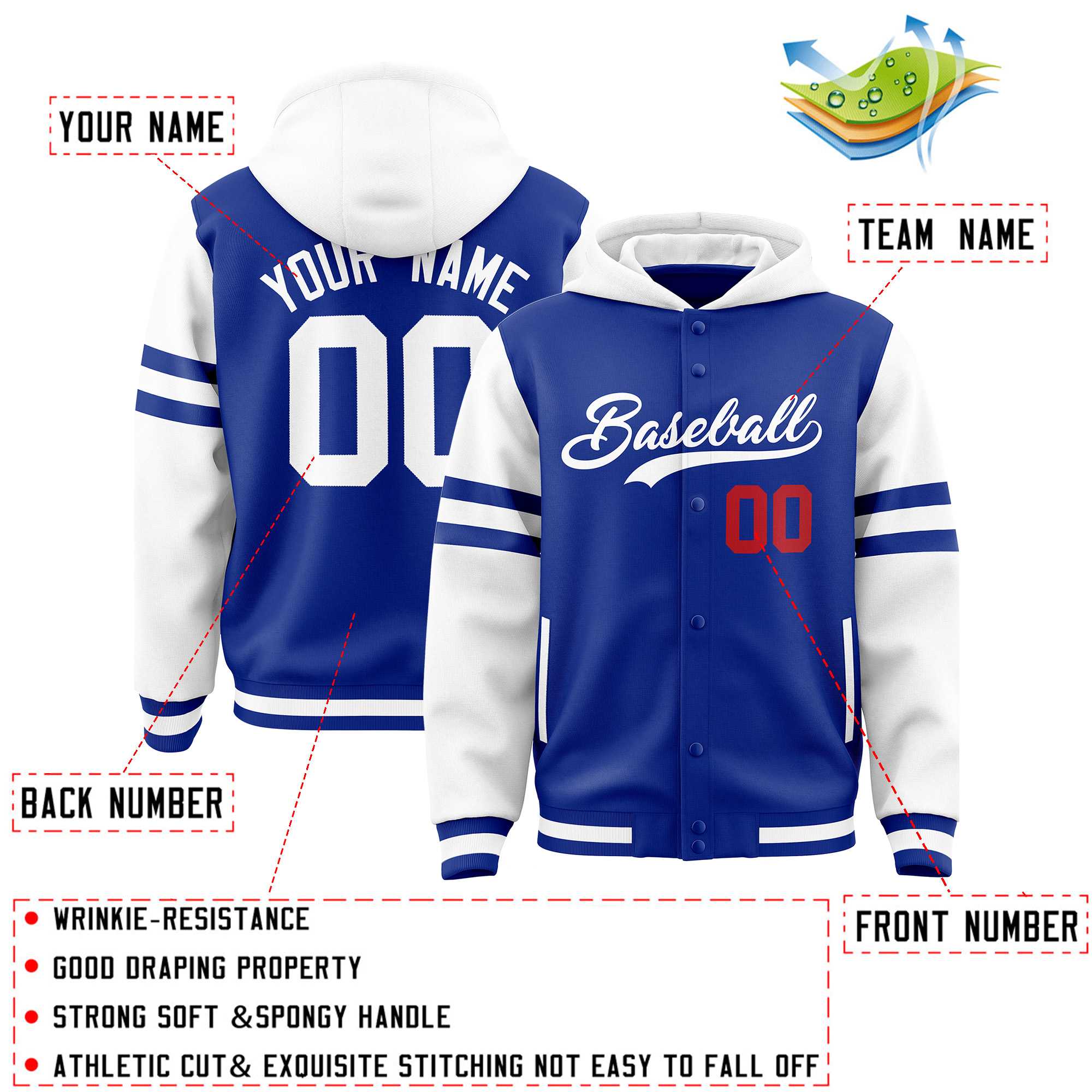 Custom Royal White Raglan Sleeves Varsity Full-Snap Letterman Three Stripes Jacket Hoodie| KXKSHOP