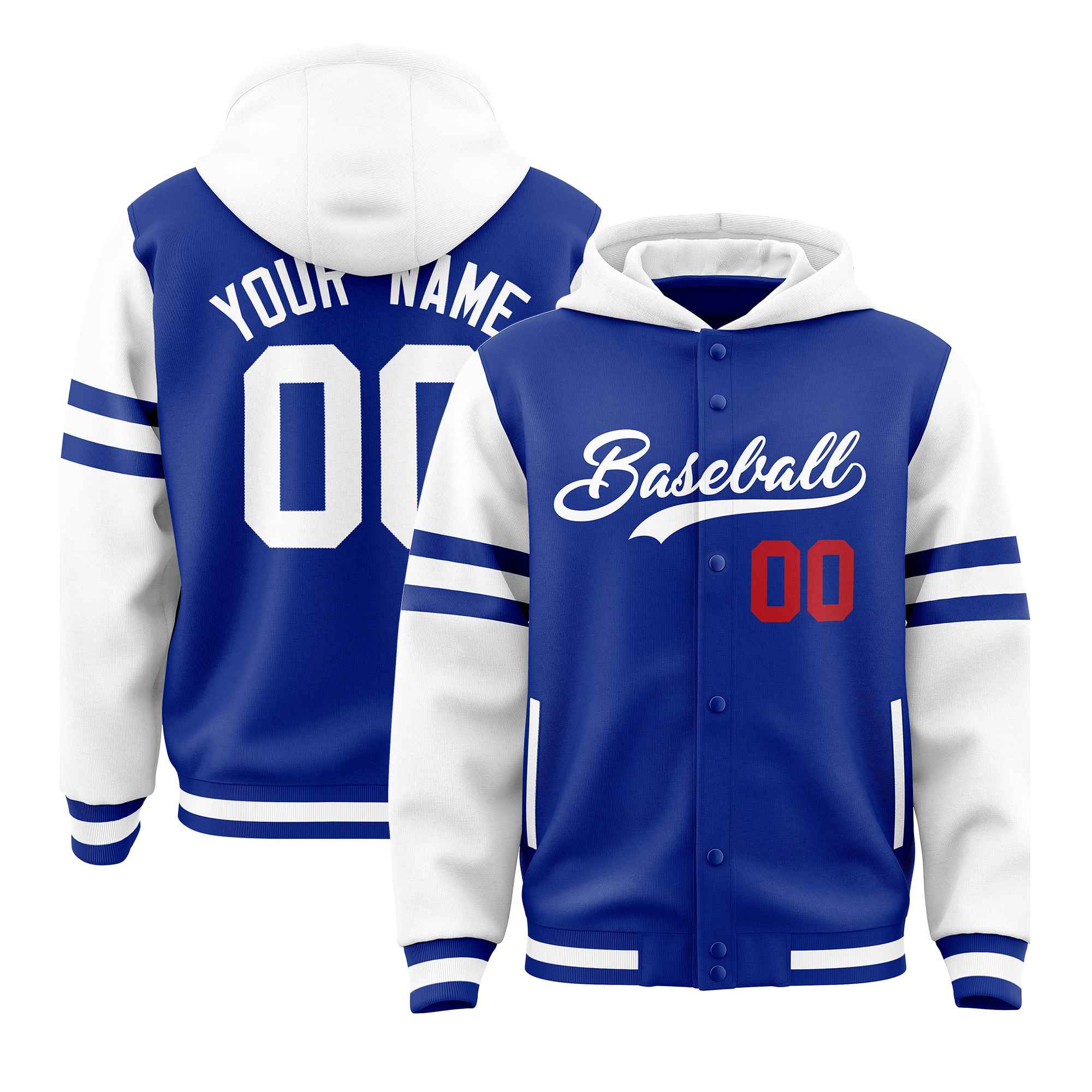 Custom Royal White Raglan Sleeves Varsity Full-Snap Letterman Three Stripes Jacket Hoodie| KXKSHOP