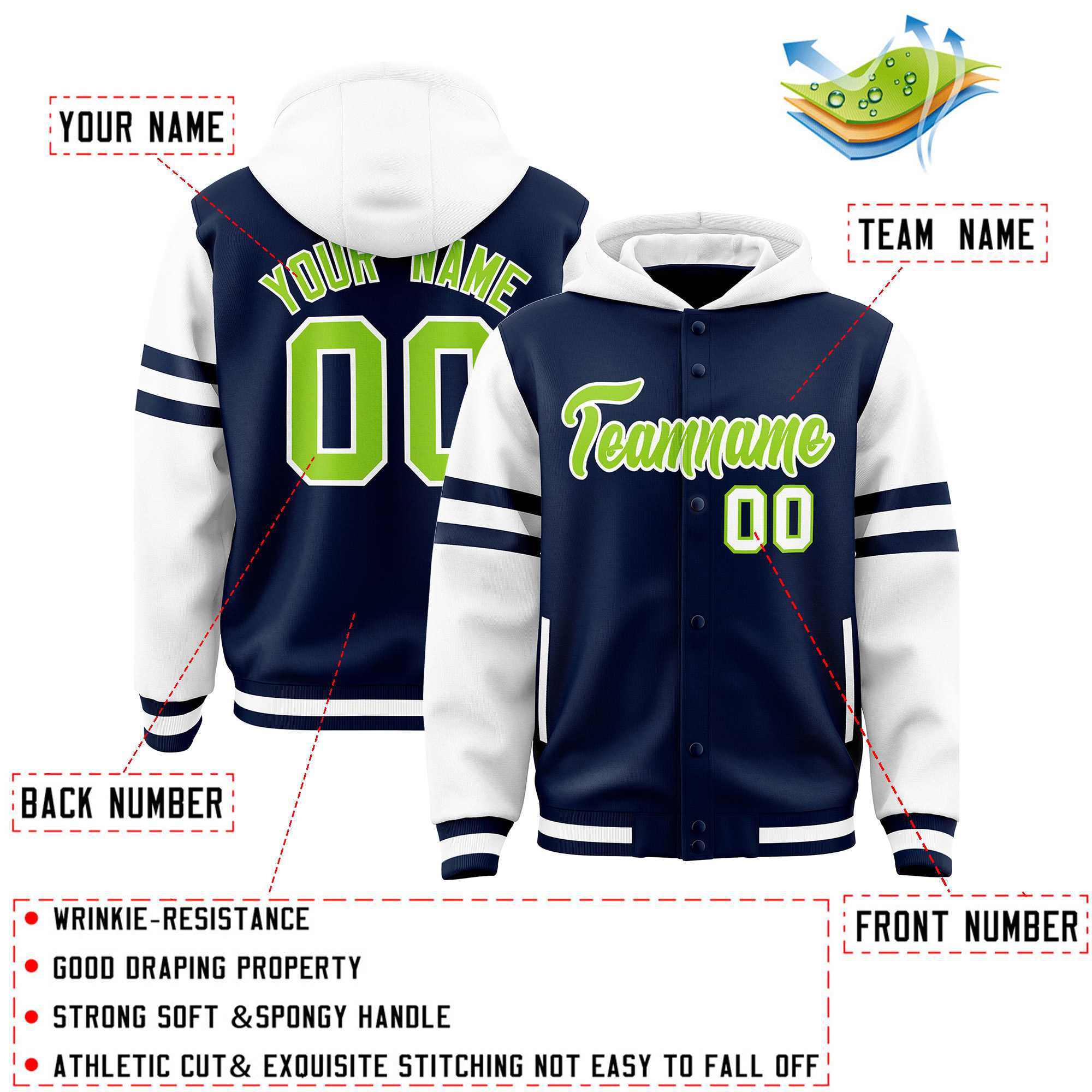 Custom Navy White Raglan Sleeves Varsity Full-Snap Letterman Three Stripes Jacket Hoodie| KXKSHOP