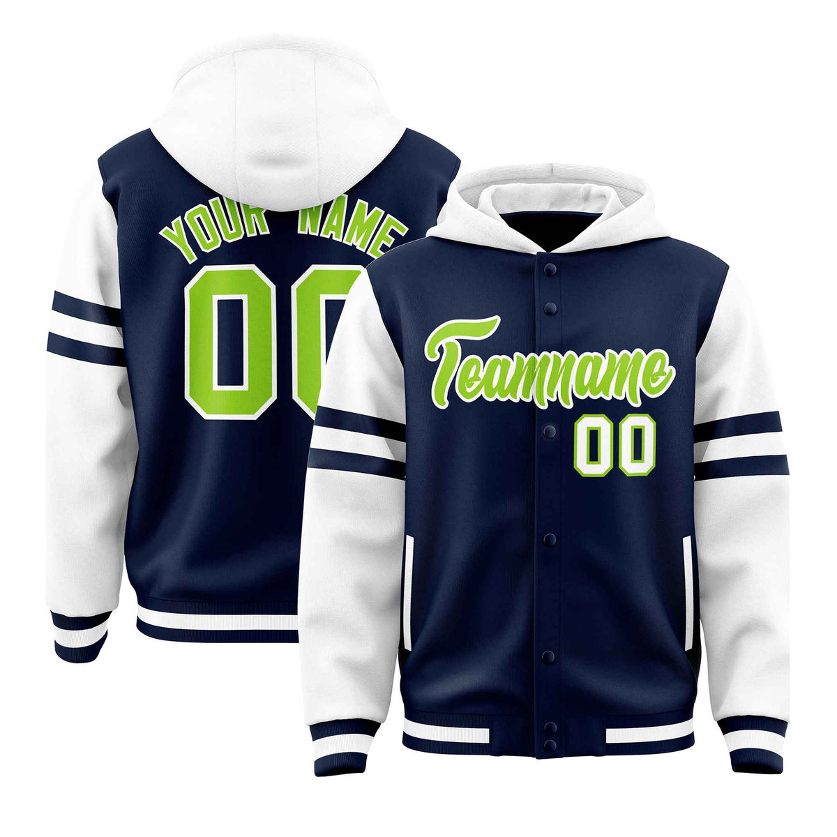 Custom Navy White Raglan Sleeves Varsity Full-Snap Letterman Three Stripes Jacket Hoodie| KXKSHOP