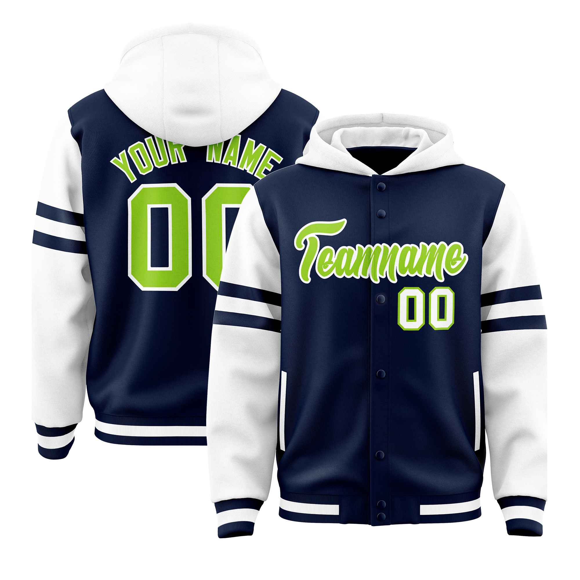 Custom Navy White Raglan Sleeves Varsity Full-Snap Letterman Three Stripes Jacket Hoodie| KXKSHOP