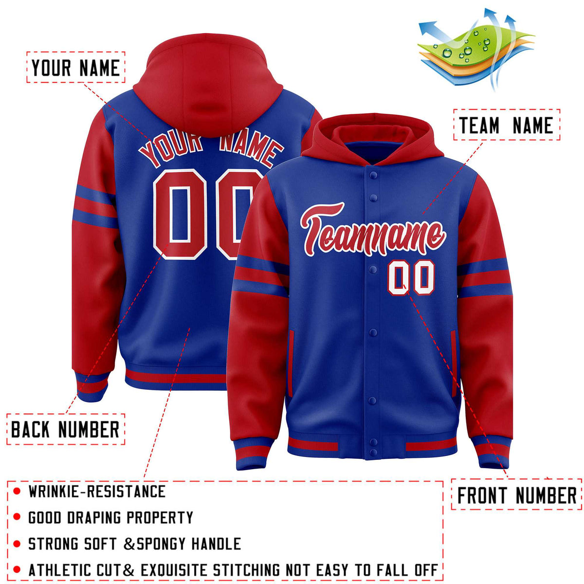 Custom Royal Red Raglan Sleeves Varsity Full-Snap Letterman Three Stripes Jacket Hoodie| KXKSHOP