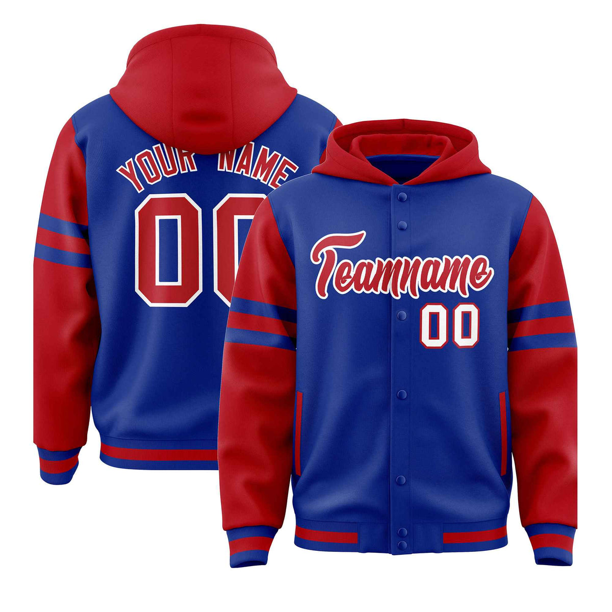 Custom Royal Red Raglan Sleeves Varsity Full-Snap Letterman Three Stripes Jacket Hoodie| KXKSHOP