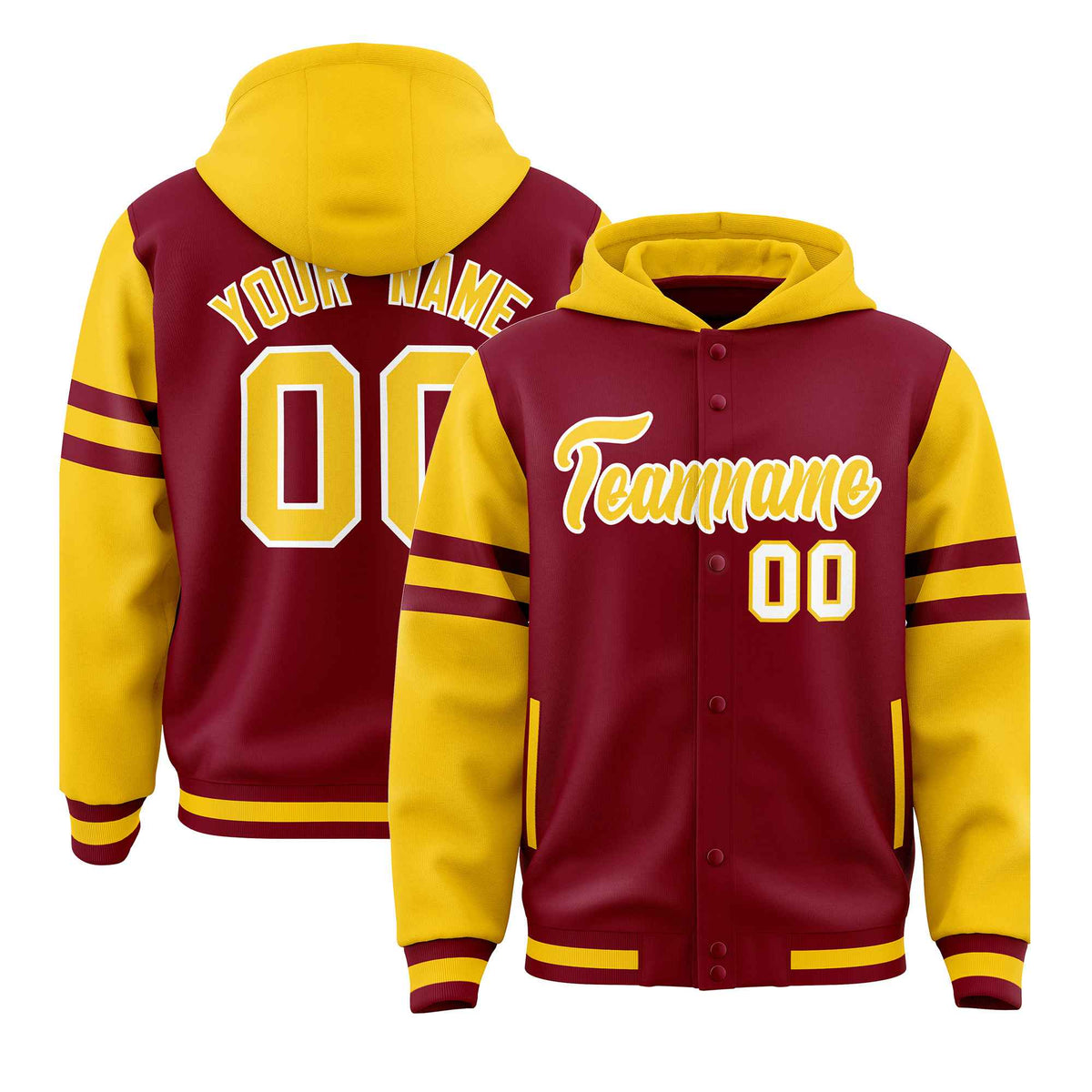 Custom Crimson Gold Raglan Sleeves Varsity Full-Snap Letterman Three Stripes Jacket Hoodie| KXKSHOP