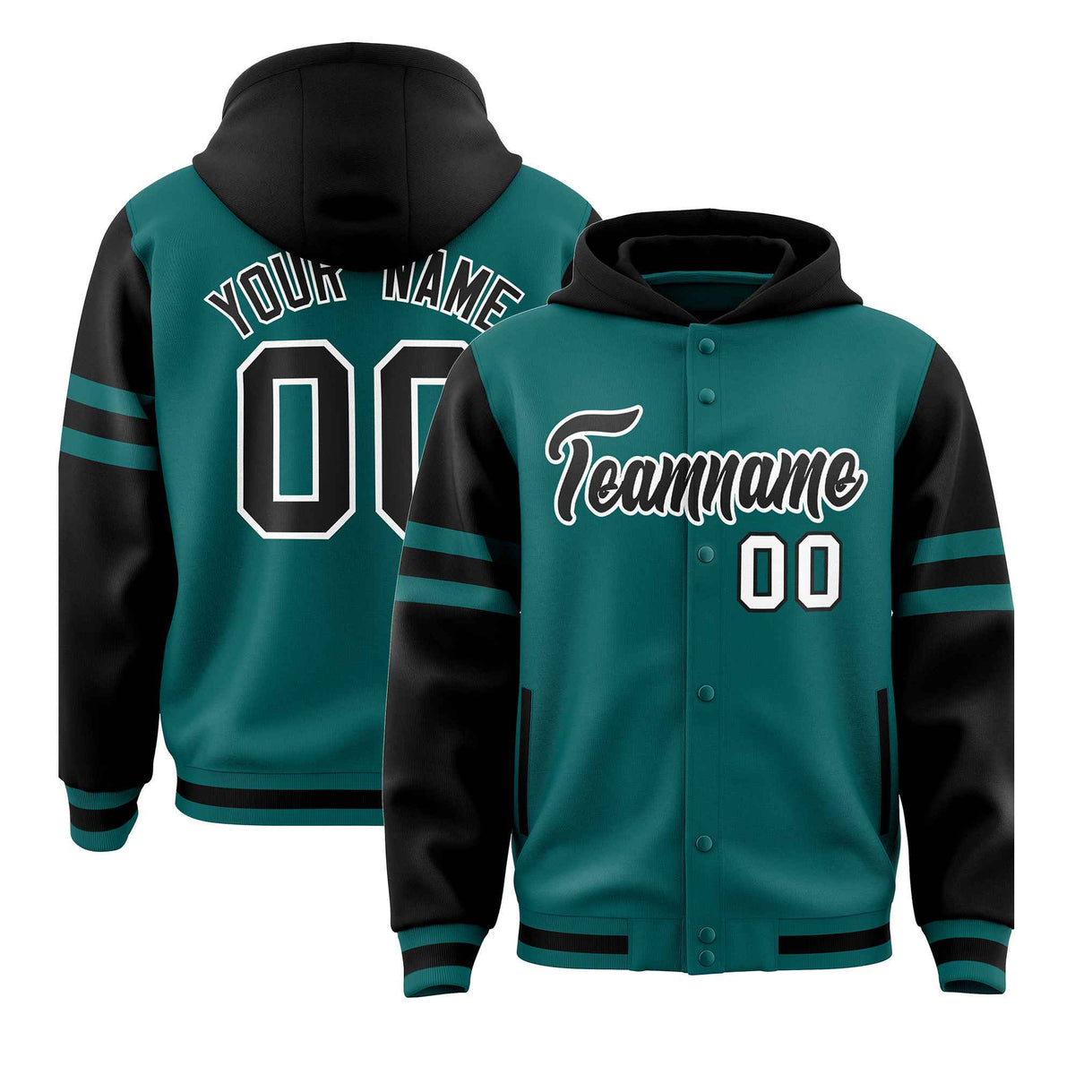 Custom Aqua Black Raglan Sleeves Varsity Full-Snap Letterman Three Stripes Jacket Hoodie| KXKSHOP