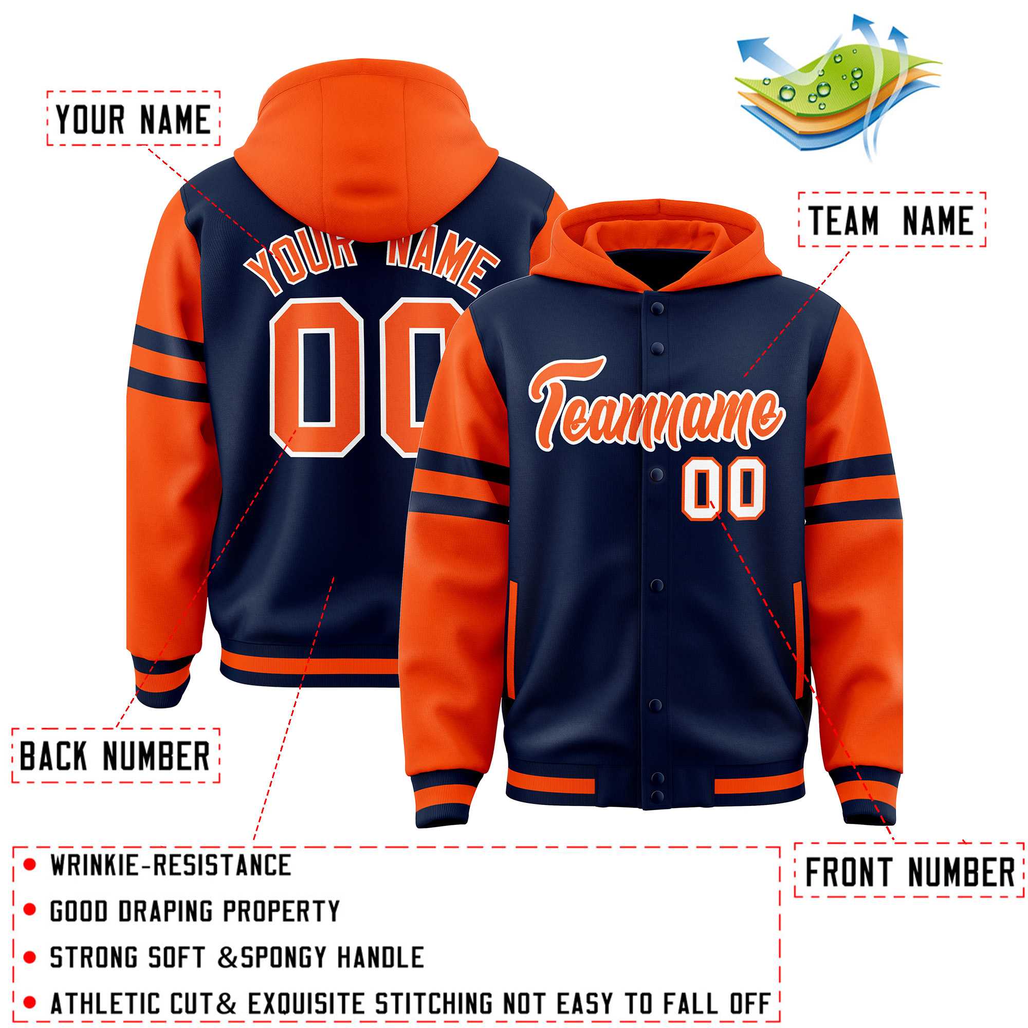 Custom Navy Orange Raglan Sleeves Varsity Full-Snap Letterman Three Stripes Jacket Hoodie| KXKSHOP