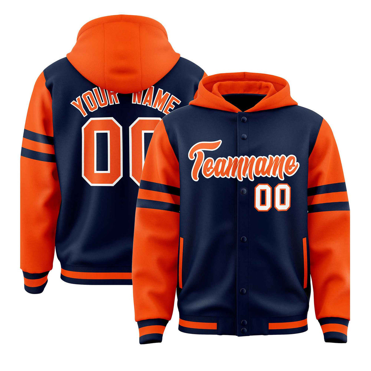 Custom Navy Orange Raglan Sleeves Varsity Full-Snap Letterman Three Stripes Jacket Hoodie| KXKSHOP