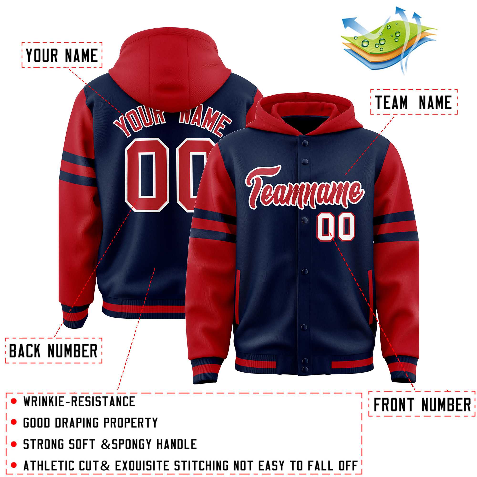 Custom Navy Red Raglan Sleeves Varsity Full-Snap Letterman Three Stripes Jacket Hoodie| KXKSHOP