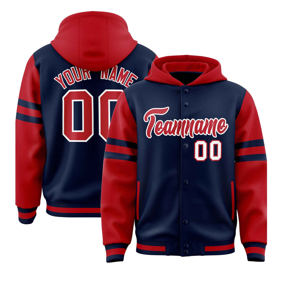 Custom Navy Red Raglan Sleeves Varsity Full-Snap Letterman Three Stripes Jacket Hoodie| KXKSHOP