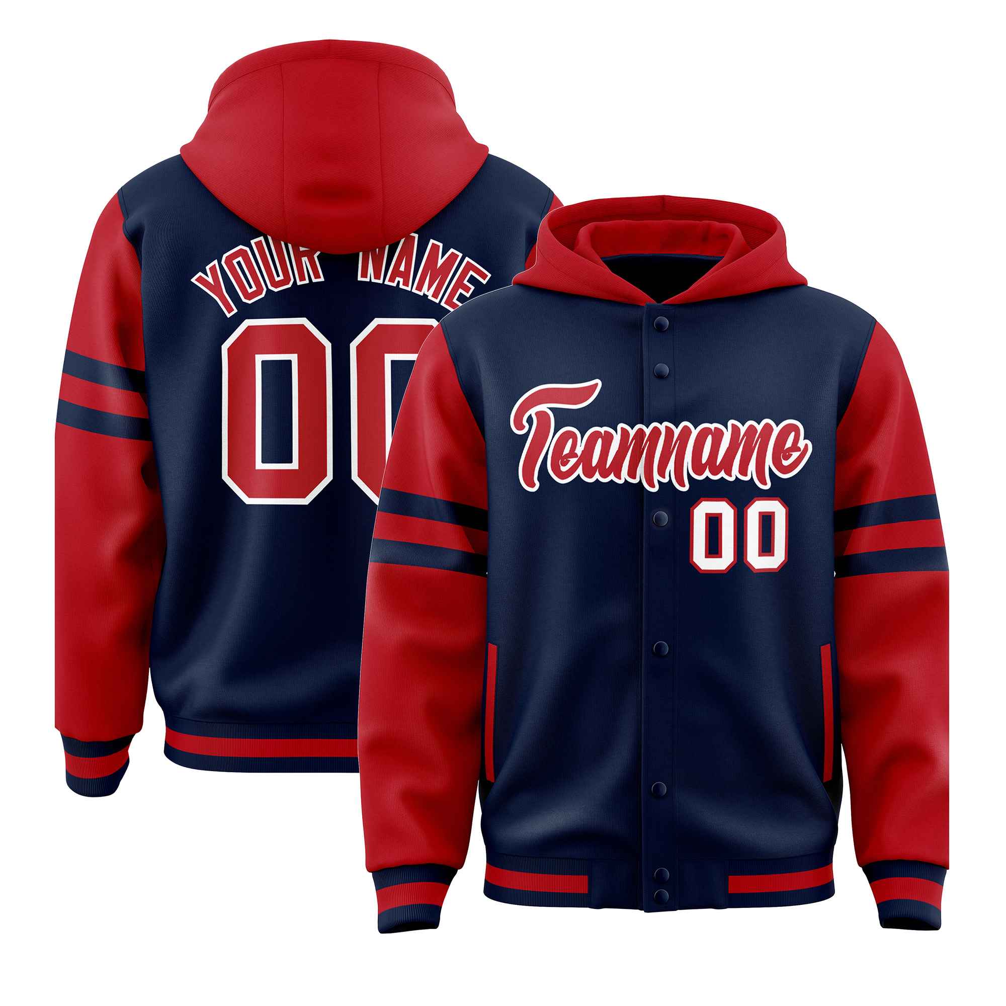 Custom Navy Red Raglan Sleeves Varsity Full-Snap Letterman Three Stripes Jacket Hoodie| KXKSHOP
