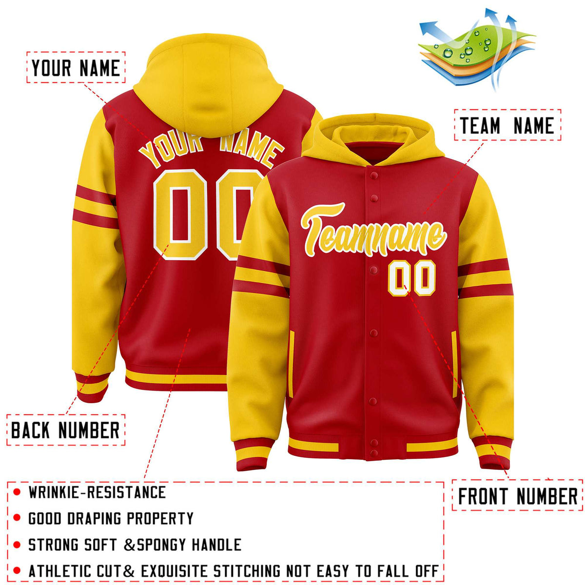 Custom Red Gold Raglan Sleeves Varsity Full-Snap Letterman Three Stripes Jacket Hoodie| KXKSHOP