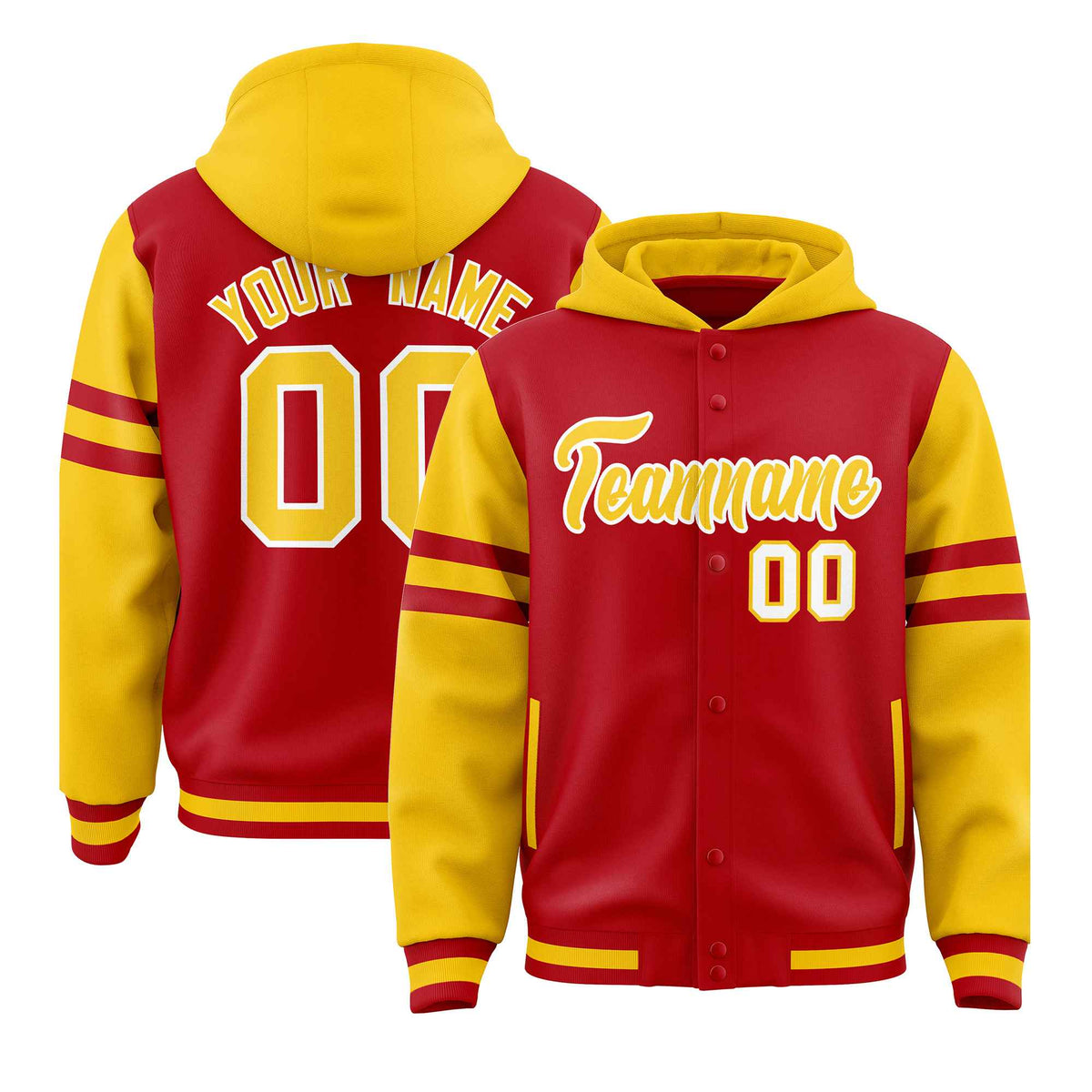 Custom Red Gold Raglan Sleeves Varsity Full-Snap Letterman Three Stripes Jacket Hoodie| KXKSHOP