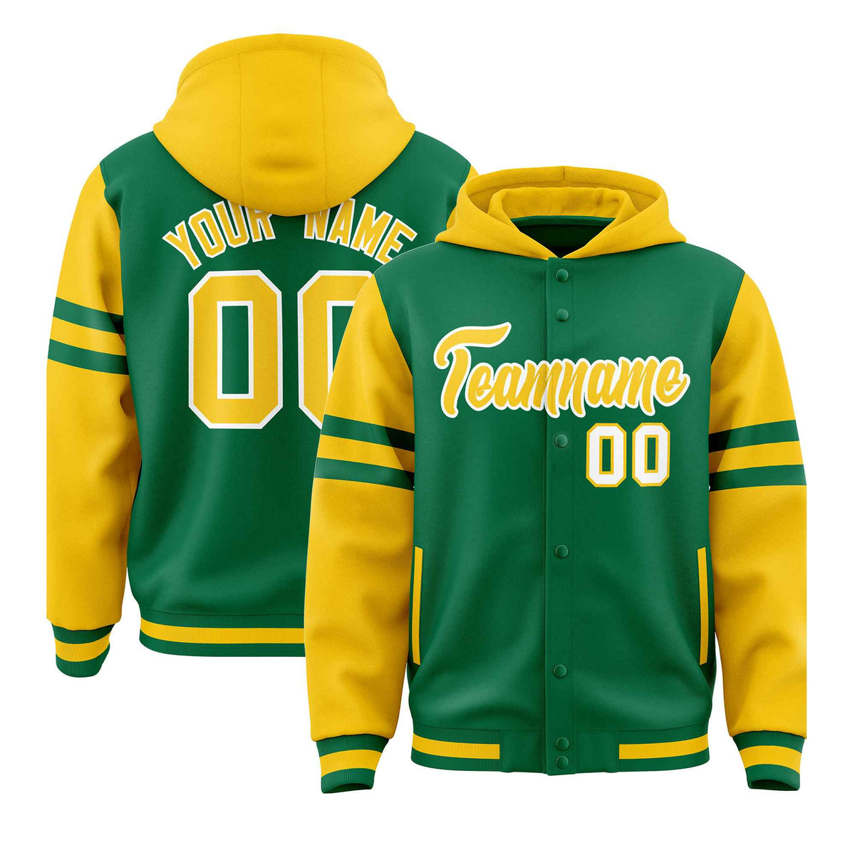 Custom Kelly Green Gold Raglan Sleeves Varsity Full-Snap Letterman Three Stripes Jacket Hoodie| KXKSHOP