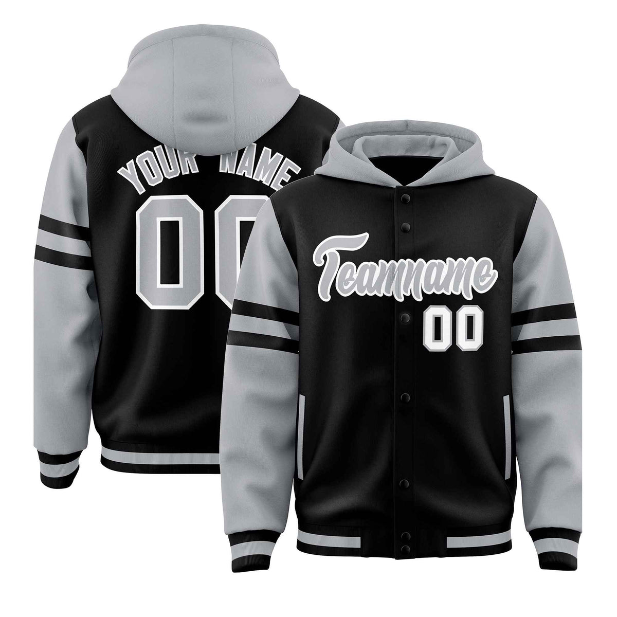 Custom Black Silver Raglan Sleeves Varsity Full-Snap Letterman Three Stripes Jacket Hoodie| KXKSHOP