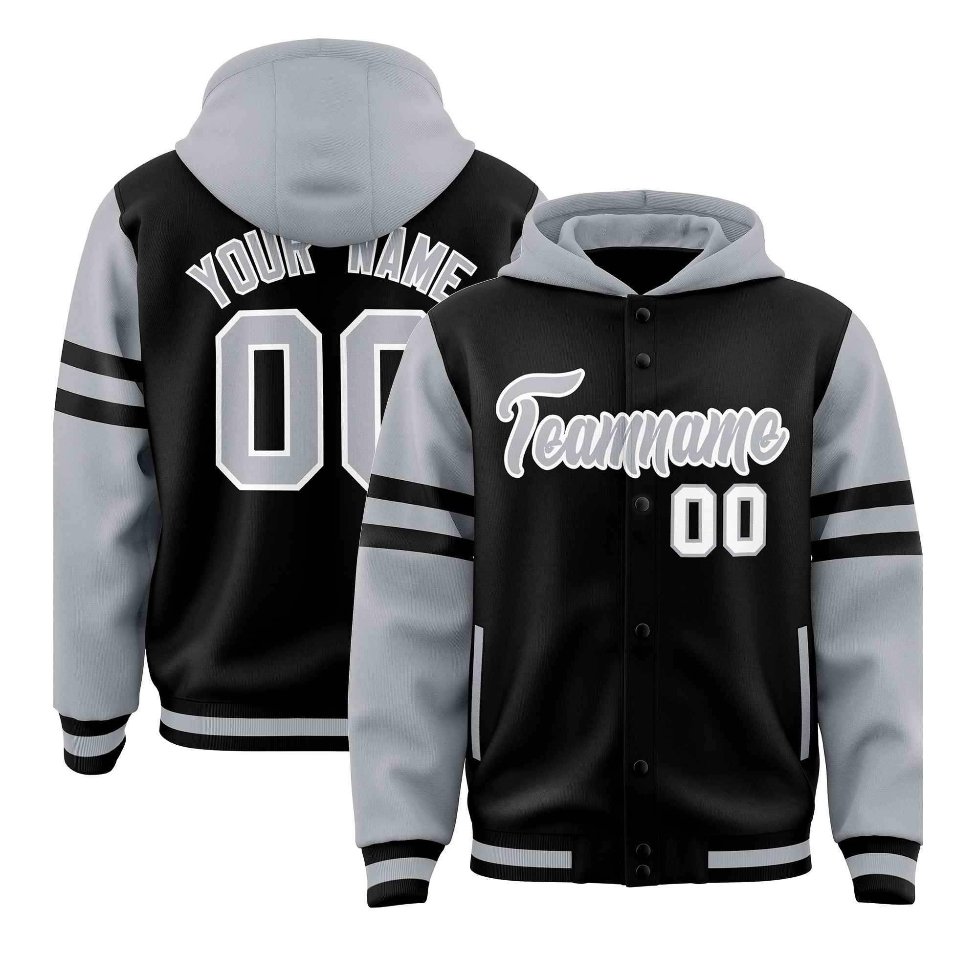 Custom Black Silver Raglan Sleeves Varsity Full-Snap Letterman Three Stripes Jacket Hoodie| KXKSHOP