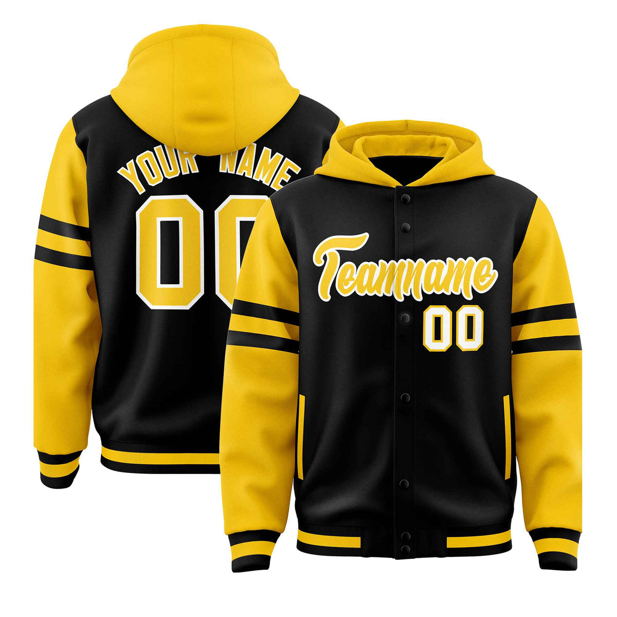 Custom Black Gold Raglan Sleeves Varsity Full-Snap Letterman Three Stripes Jacket Hoodie| KXKSHOP