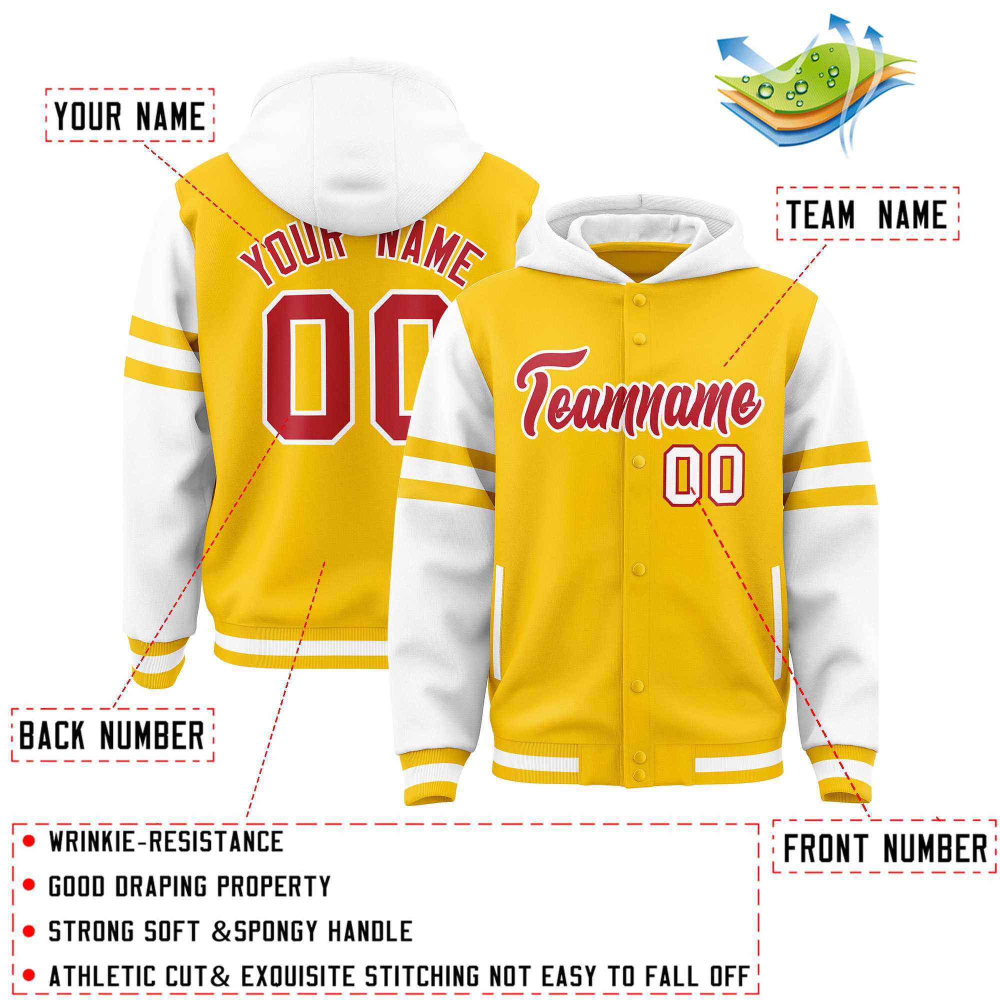 Custom Gold White Raglan Sleeves Varsity Full-Snap Letterman Three Stripes Jacket Hoodie| KXKSHOP