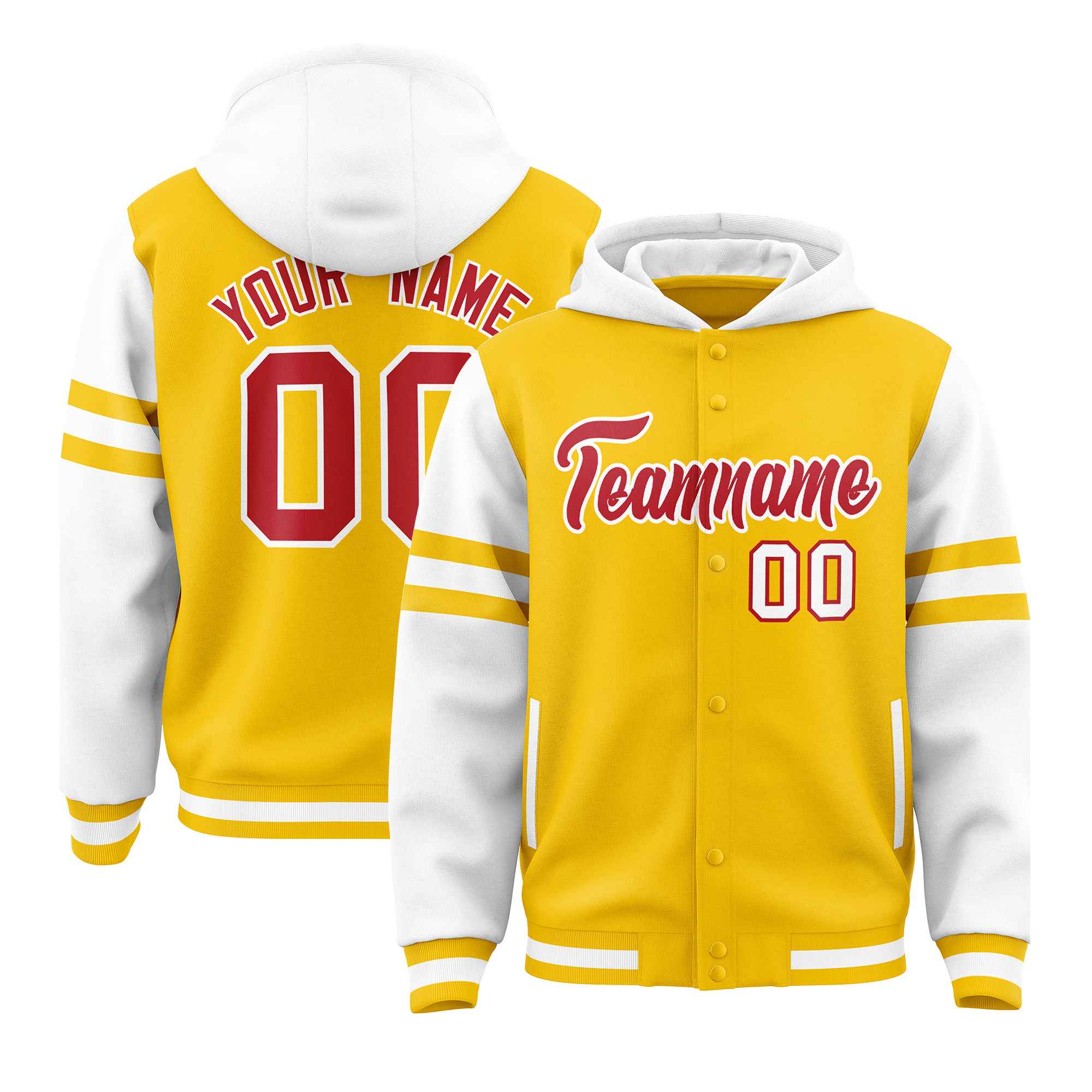 Custom Gold White Raglan Sleeves Varsity Full-Snap Letterman Three Stripes Jacket Hoodie| KXKSHOP