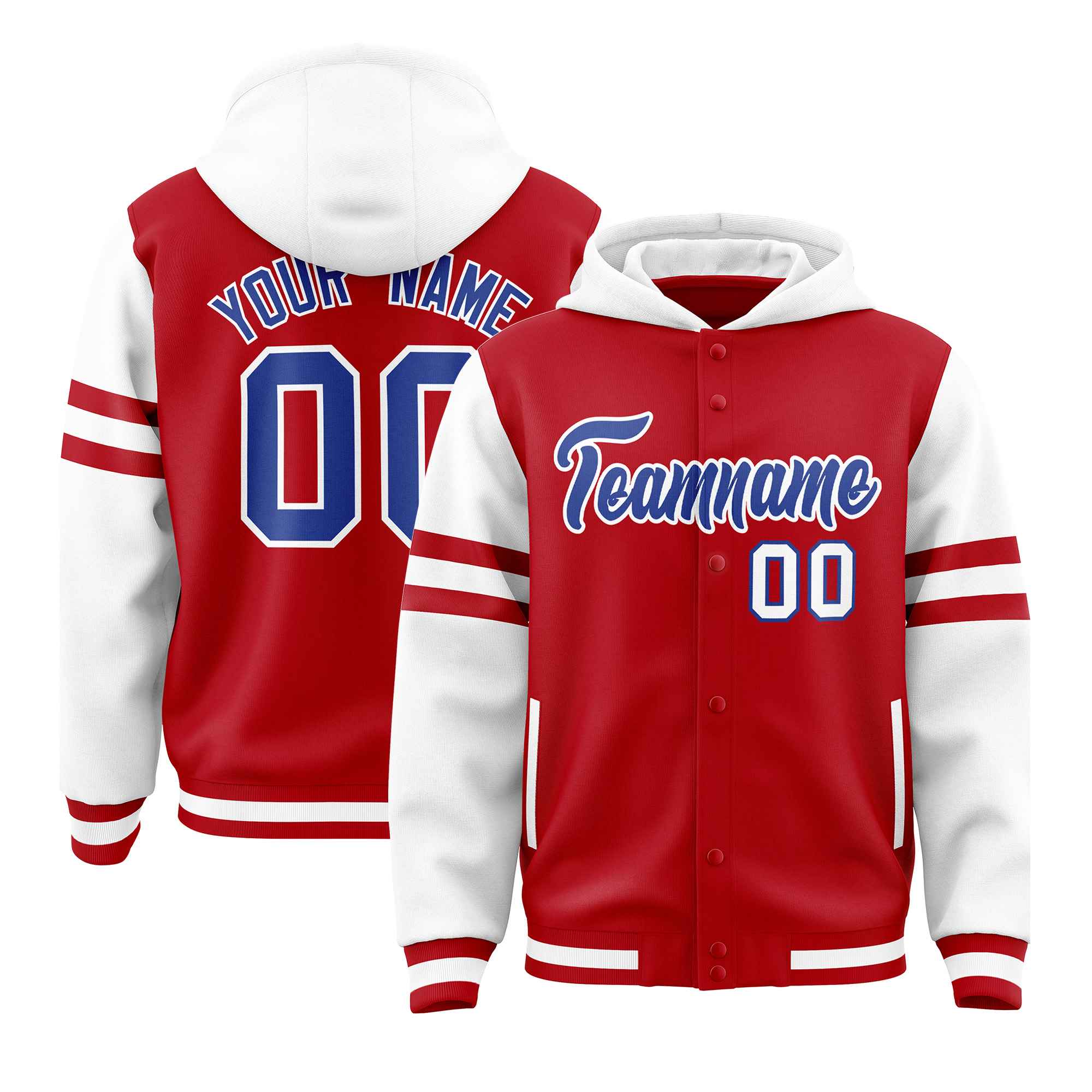 Custom Red White Raglan Sleeves Varsity Full-Snap Letterman Three Stripes Jacket Hoodie| KXKSHOP