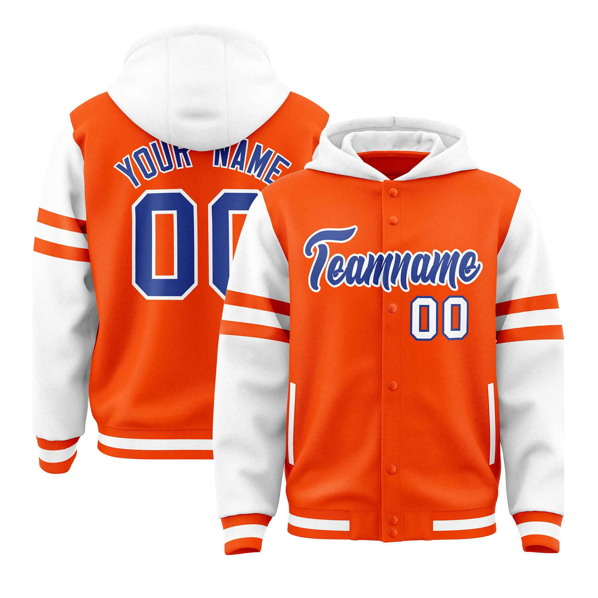 Custom Orange White Raglan Sleeves Varsity Full-Snap Letterman Three Stripes Jacket Hoodie| KXKSHOP