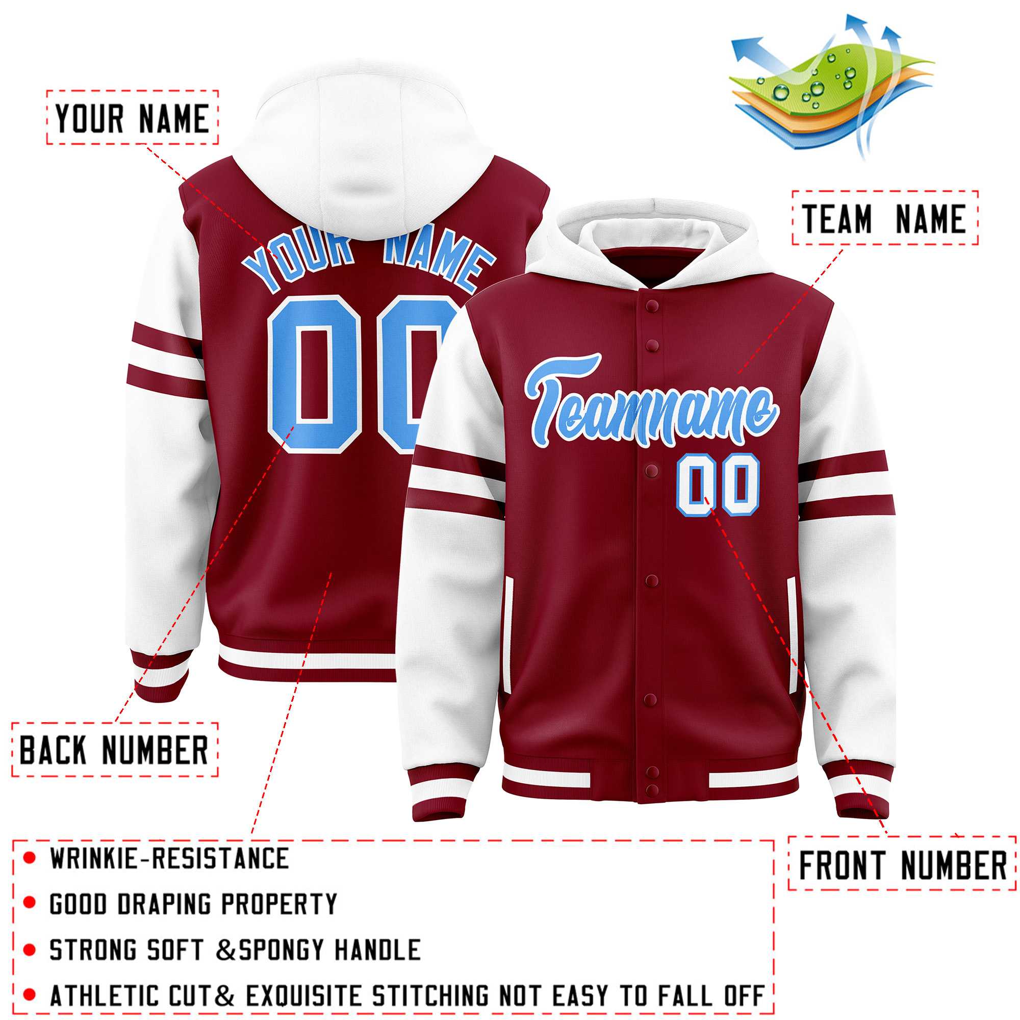 Custom Crimson White Raglan Sleeves Varsity Full-Snap Letterman Three Stripes Jacket Hoodie| KXKSHOP