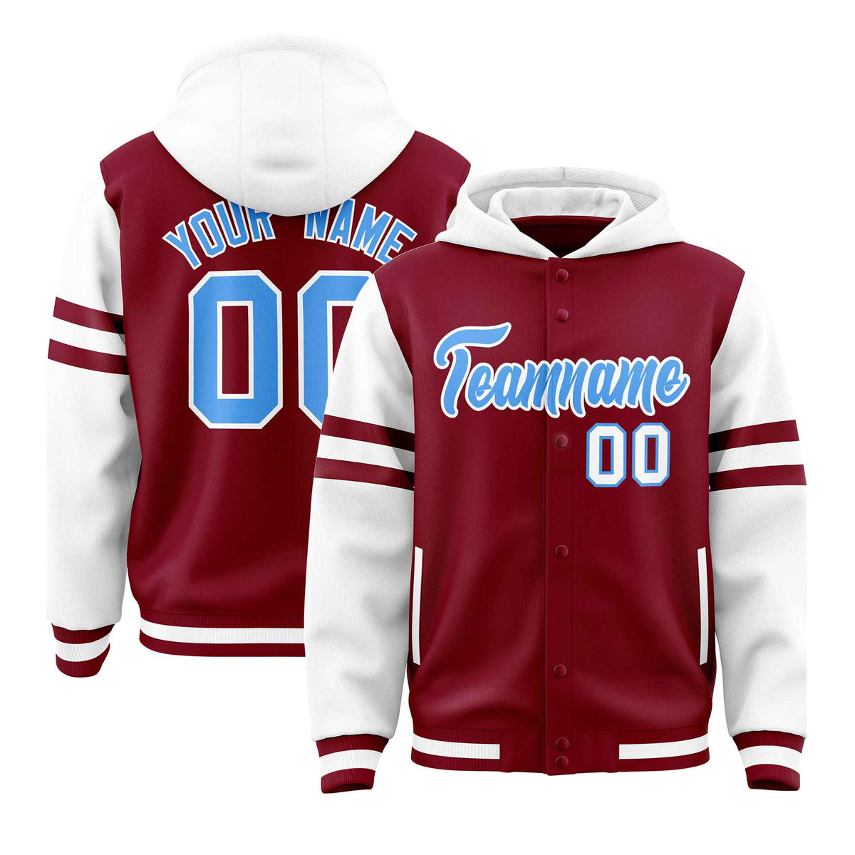 Custom Crimson White Raglan Sleeves Varsity Full-Snap Letterman Three Stripes Jacket Hoodie| KXKSHOP