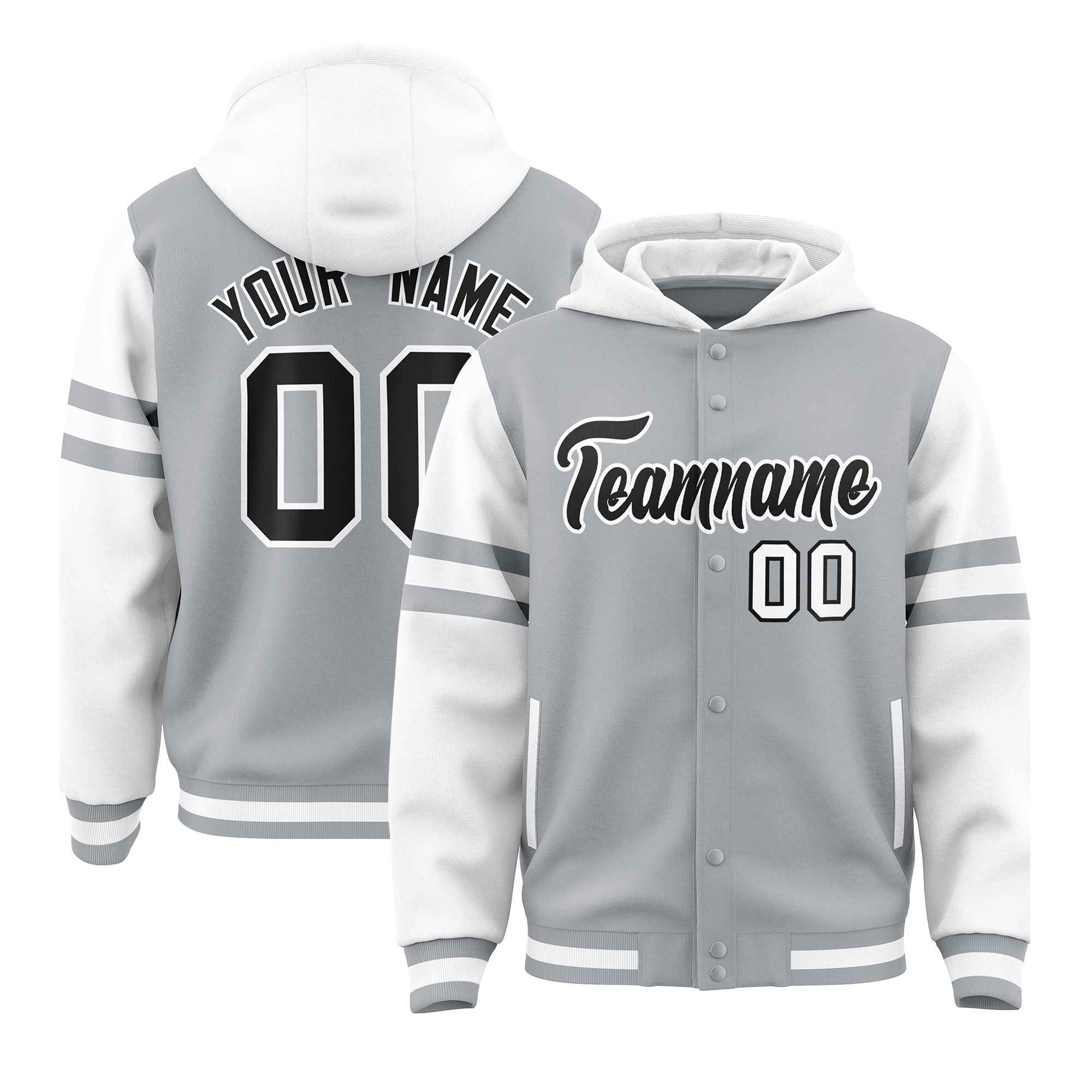 Custom Silver White Raglan Sleeves Varsity Full-Snap Letterman Three Stripes Jacket Hoodie| KXKSHOP