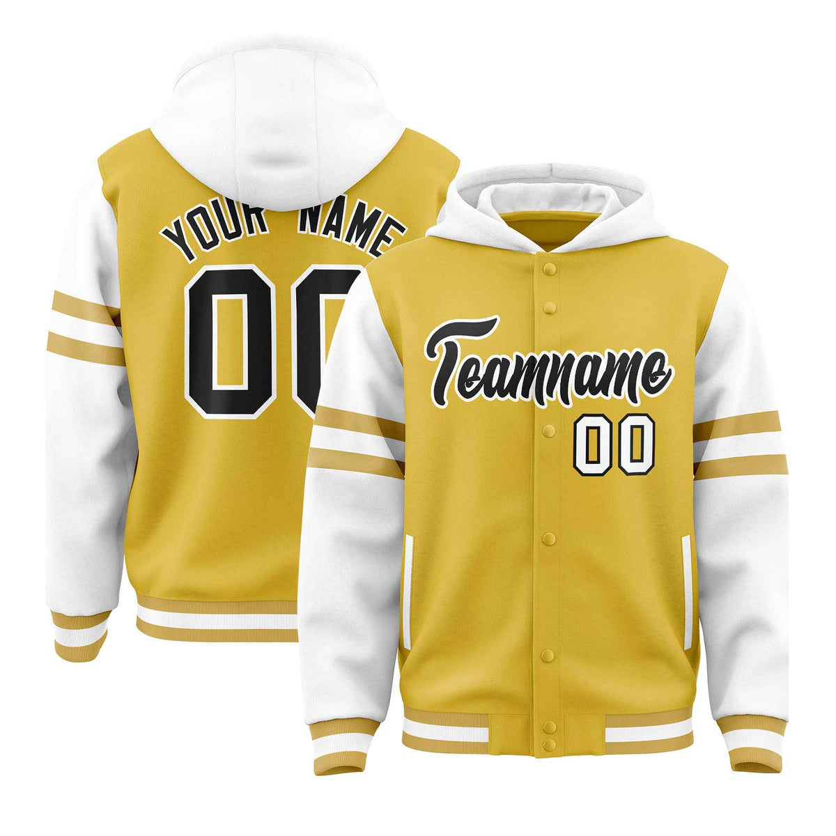 Custom Old Gold White Raglan Sleeves Varsity Full-Snap Letterman Three Stripes Jacket Hoodie| KXKSHOP