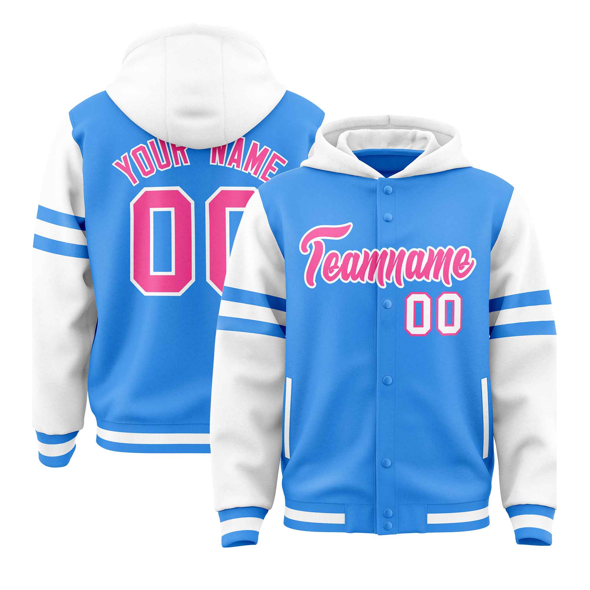 Custom Powder Blue White Raglan Sleeves Varsity Full-Snap Letterman Three Stripes Jacket Hoodie| KXKSHOP