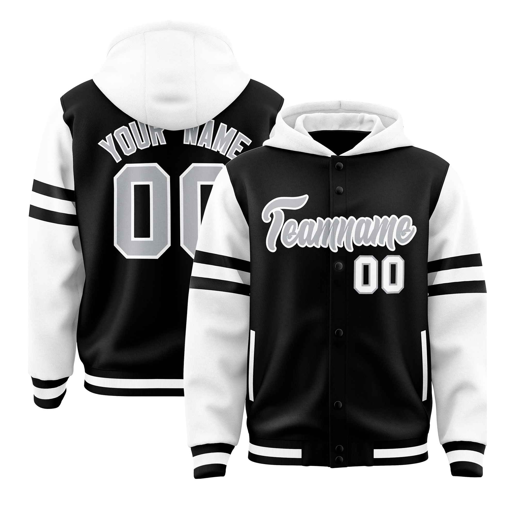 Custom Black White Raglan Sleeves Varsity Full-Snap Letterman Three Stripes Jacket Hoodie| KXKSHOP