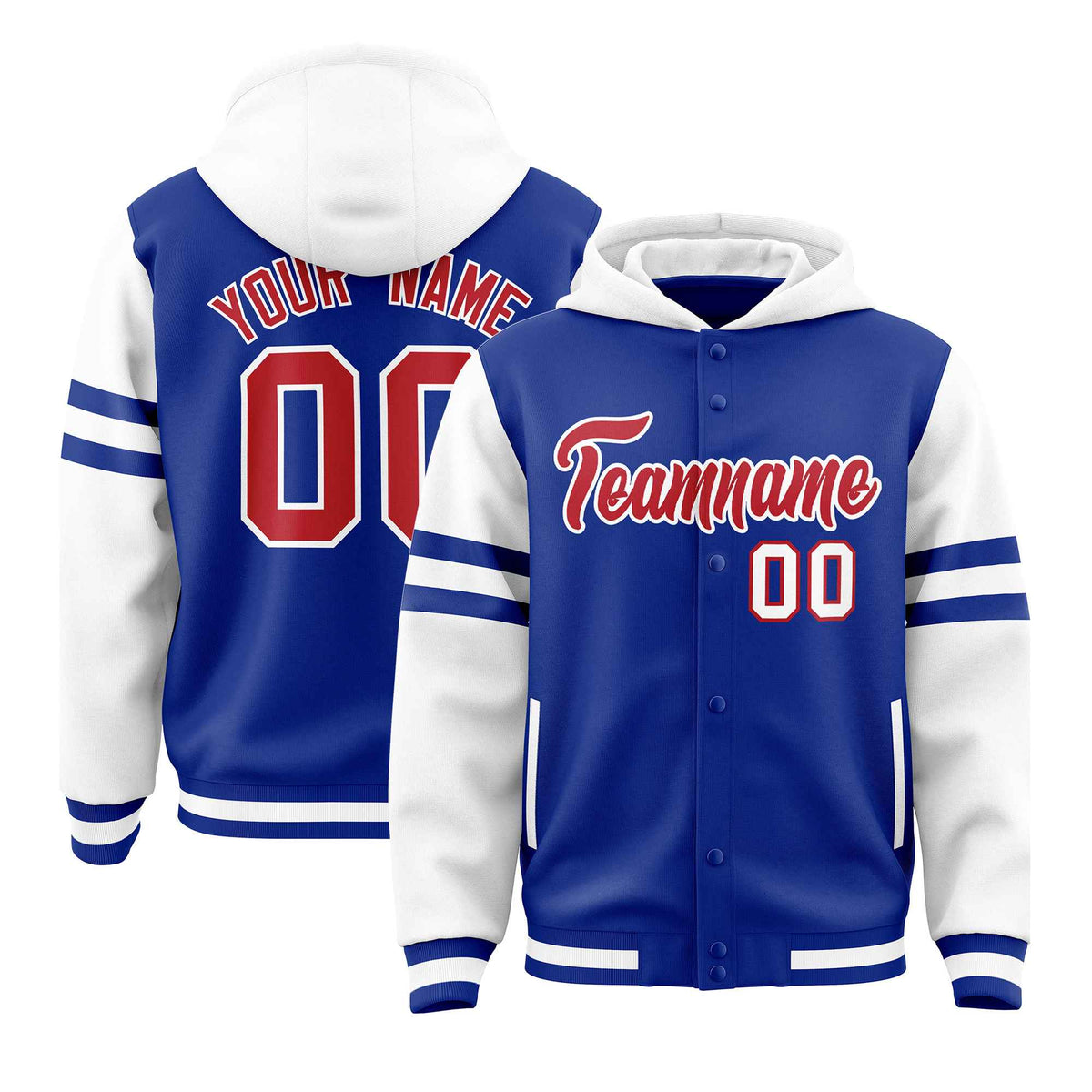 Custom Royal White Raglan Sleeves Varsity Full-Snap Letterman Three Stripes Jacket Hoodie| KXKSHOP