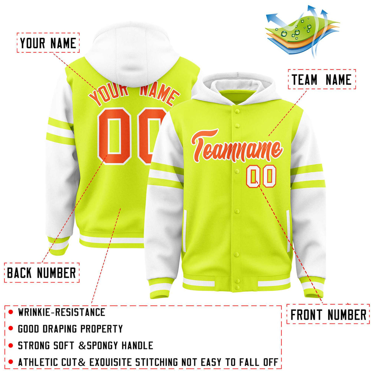 Custom Fluorescent Green White Raglan Sleeves Varsity Full-Snap Letterman Three Stripes Jacket Hoodie| KXKSHOP