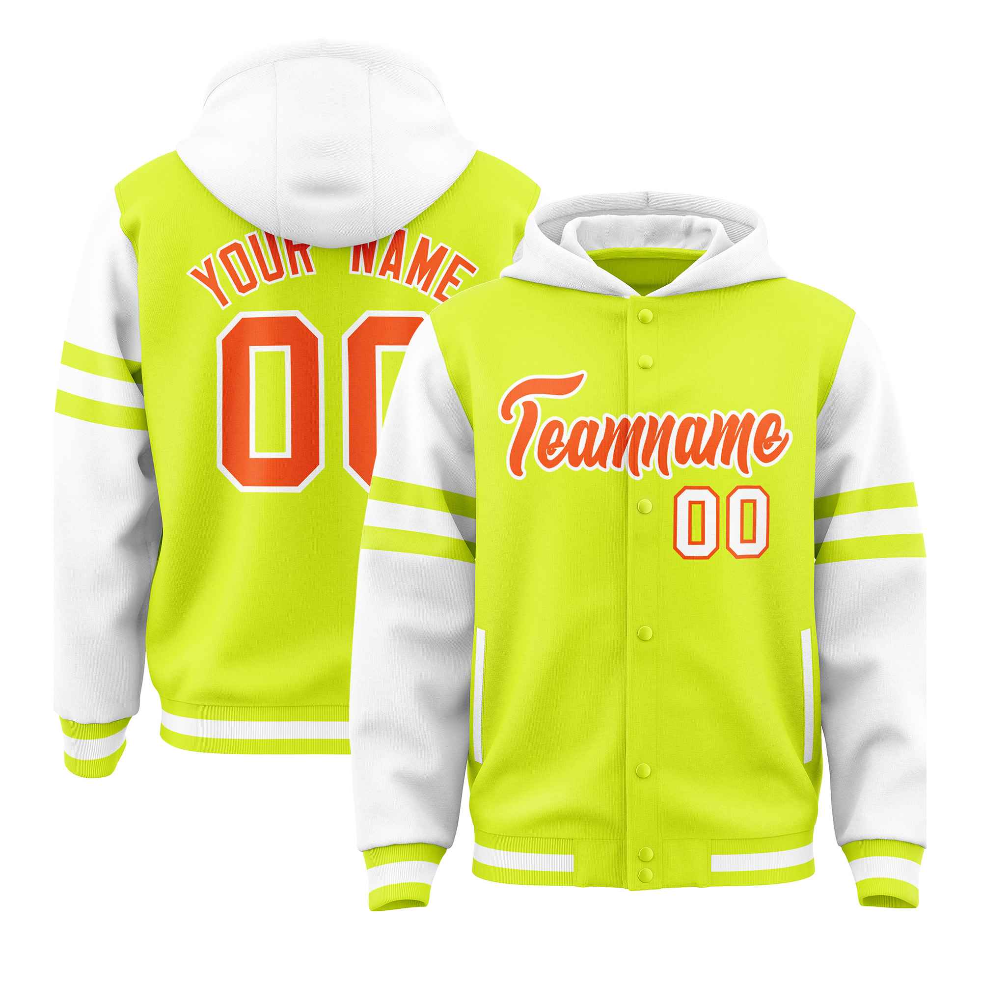 Custom Fluorescent Green White Raglan Sleeves Varsity Full-Snap Letterman Three Stripes Jacket Hoodie| KXKSHOP
