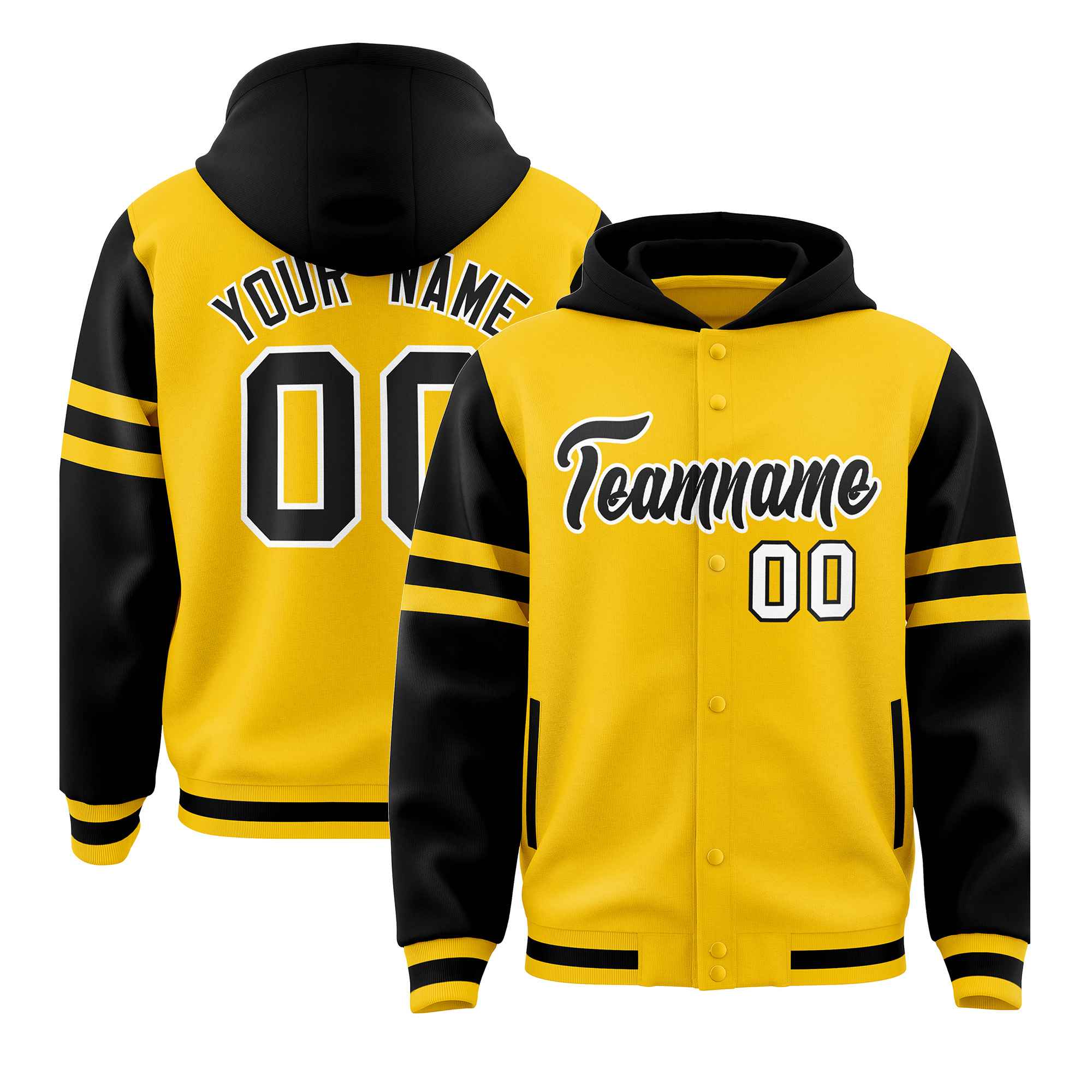 Custom Gold Black Raglan Sleeves Varsity Full-Snap Letterman Three Stripes Jacket Hoodie| KXKSHOP