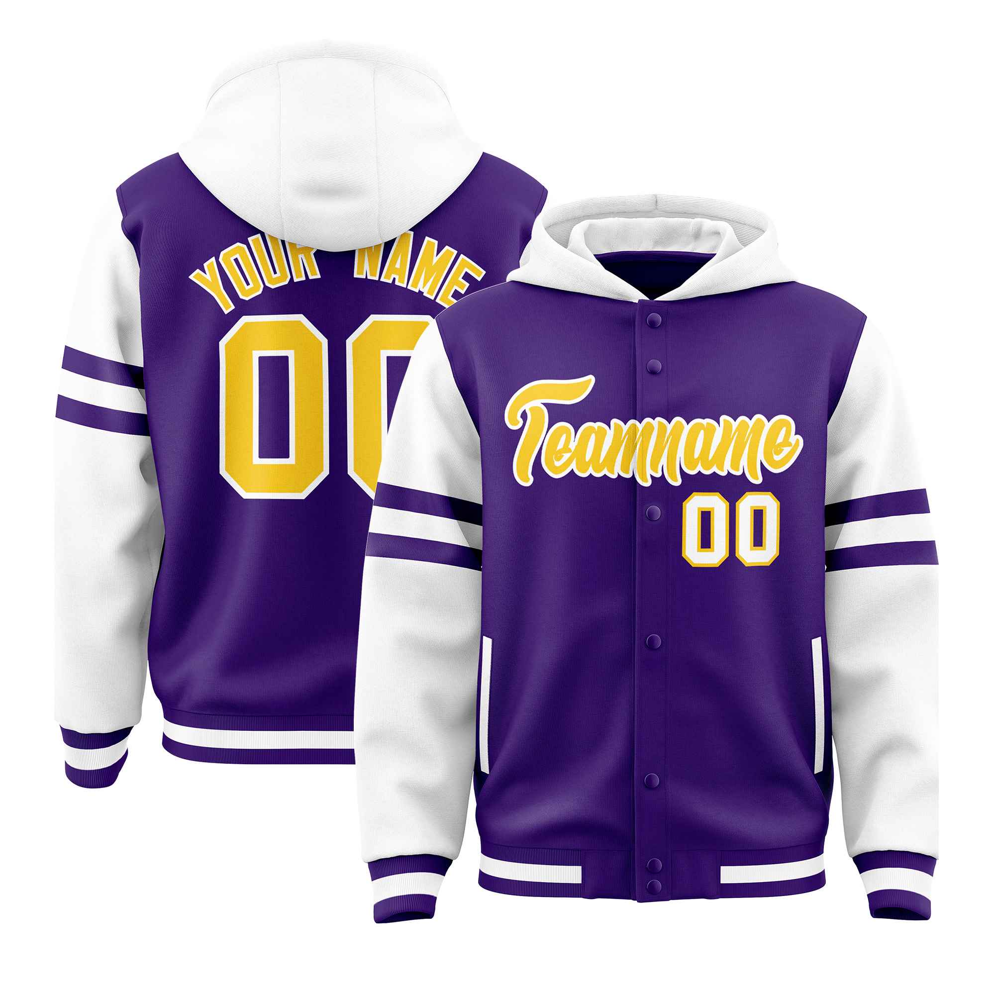 Custom Purple White Raglan Sleeves Varsity Full-Snap Letterman Three Stripes Jacket Hoodie| KXKSHOP