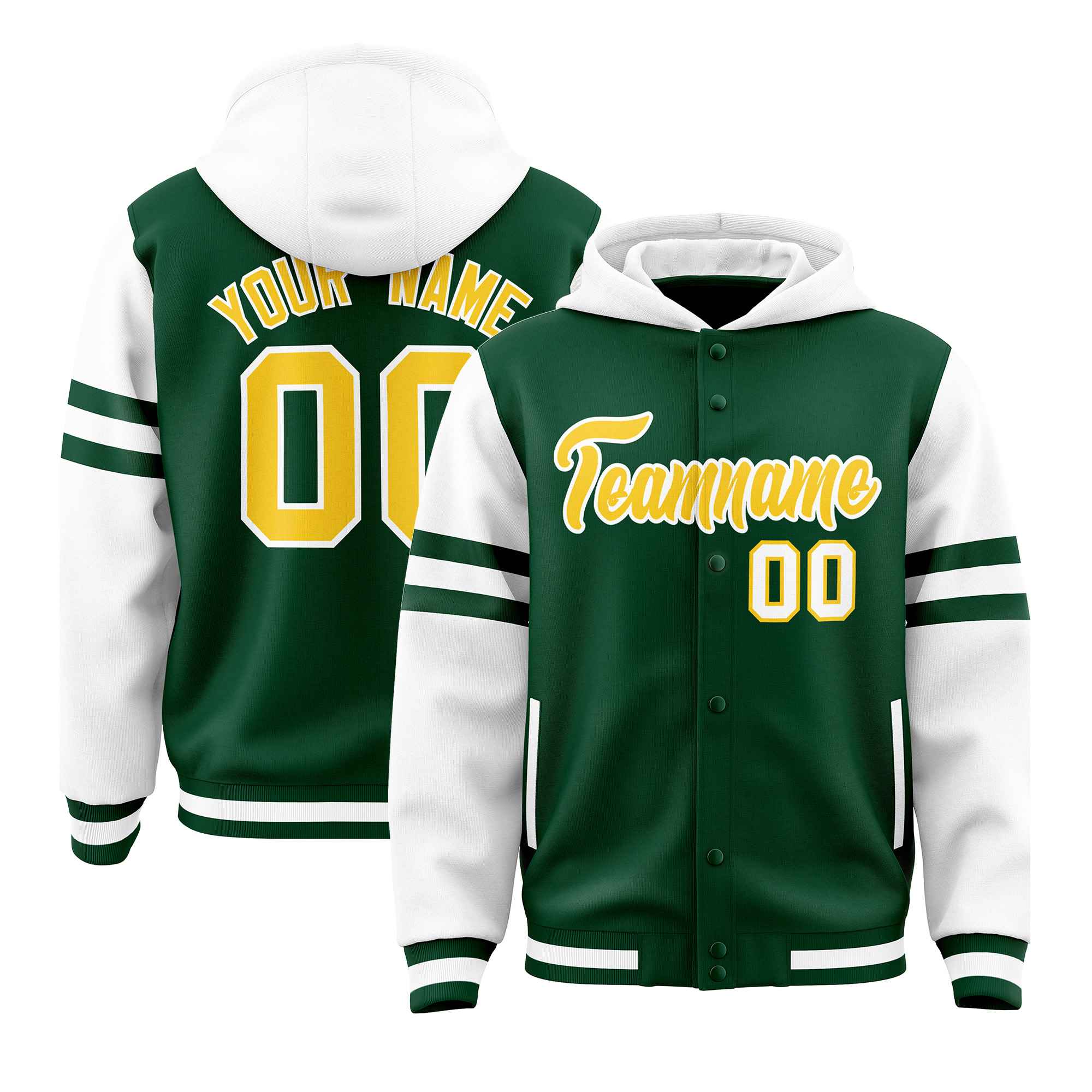 Custom Green White Raglan Sleeves Varsity Full-Snap Letterman Three Stripes Jacket Hoodie| KXKSHOP
