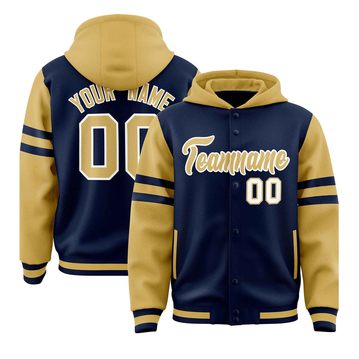 Custom Navy Old Gold Raglan Sleeves Varsity Full-Snap Letterman Three Stripes Jacket Hoodie| KXKSHOP