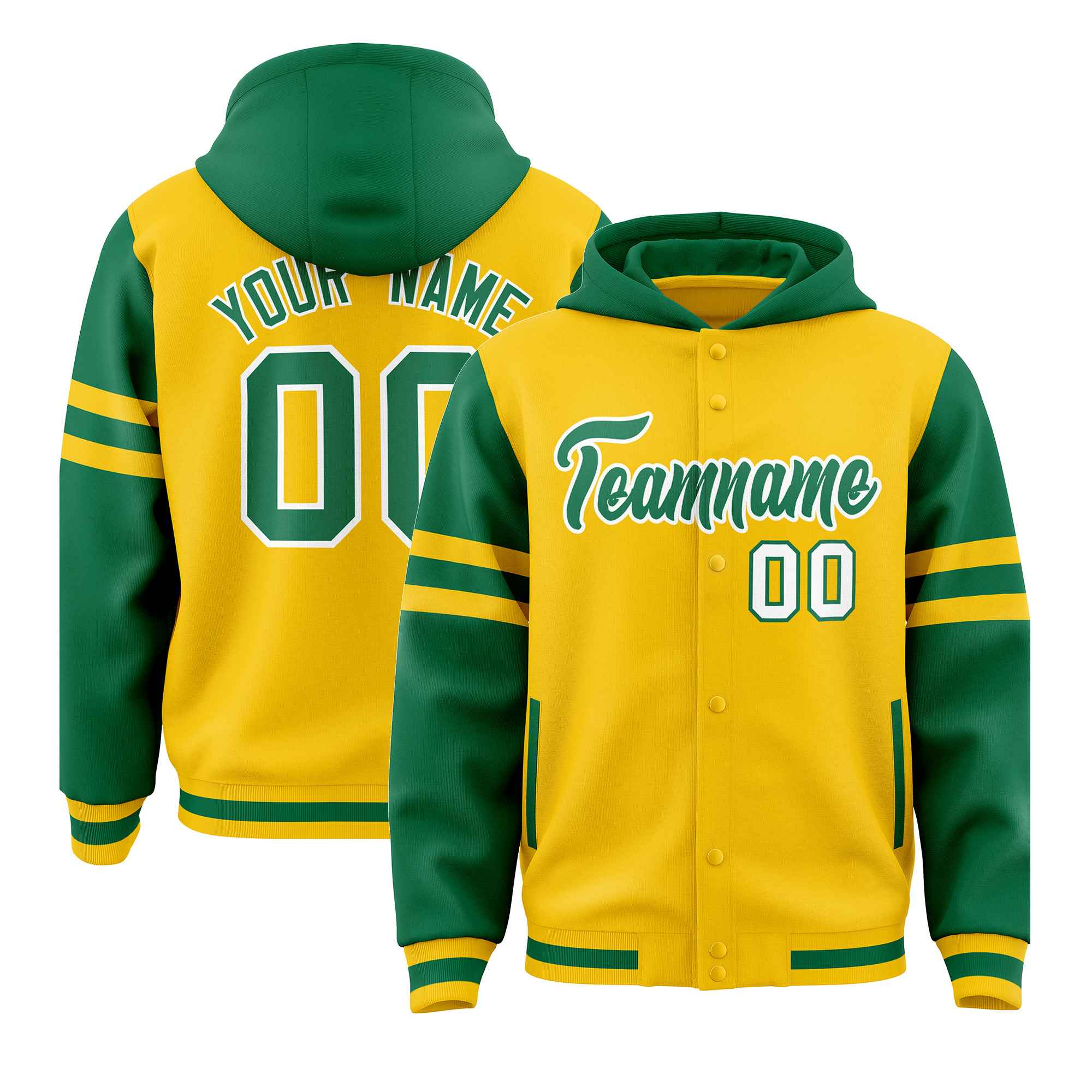 Custom Gold Kelly Green Raglan Sleeves Varsity Full-Snap Letterman Three Stripes Jacket Hoodie| KXKSHOP