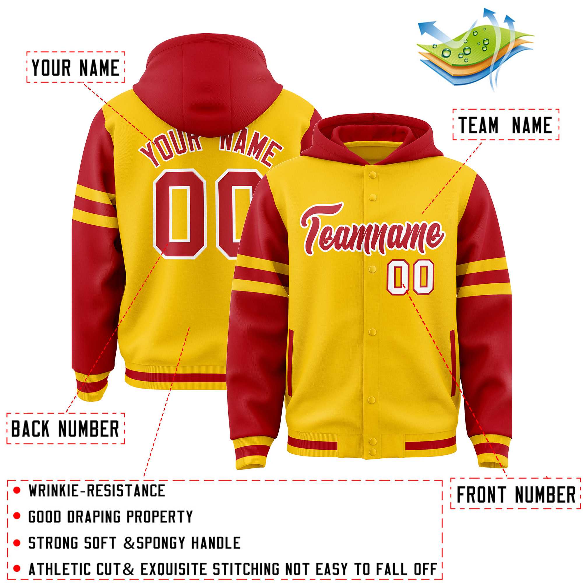 Custom Gold Red Raglan Sleeves Varsity Full-Snap Letterman Three Stripes Jacket Hoodie| KXKSHOP